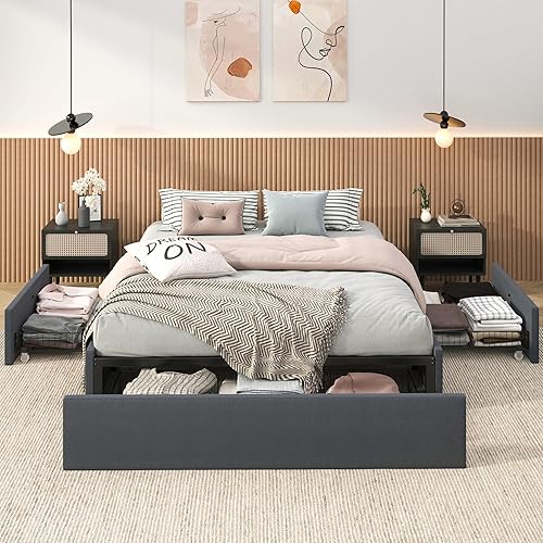 SHA CERLIN Modern Queen Platform Bed Frame with 3 Storage Drawers/Upholstered Wing Side Panel Design/Wooden Slats Support/Mattress Foundation/Noise Free/Easy Assembly/Dark Grey
