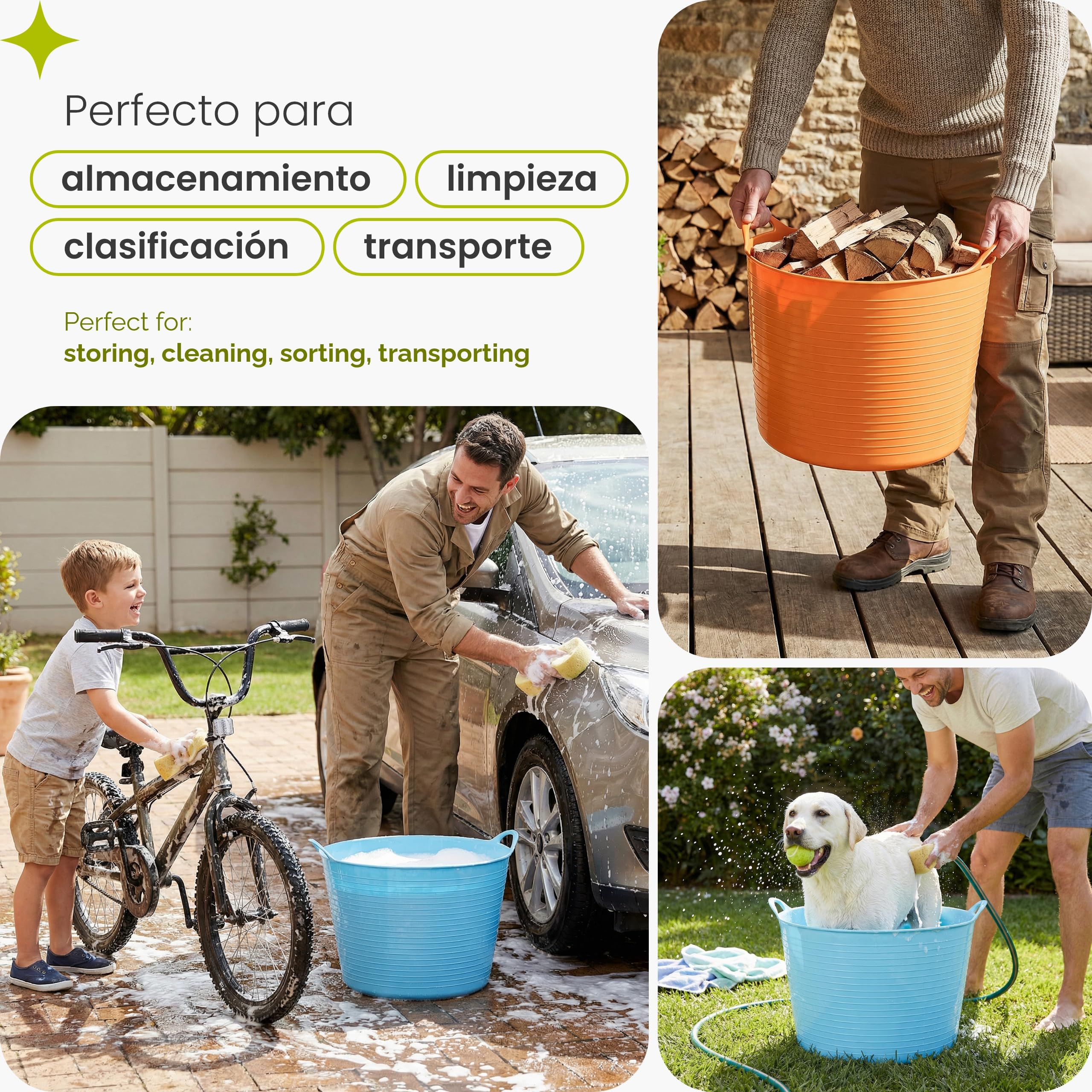 Garronda Pack de 4 Capazo Flexible 42 L para Hogar y Jardín - Cubo Plástico Multiusos con Asas, Cesta, Espuertas de Goma, Barreño Resistente para Albañilería, Limpieza y Transporte GD-0184 (Naranja)