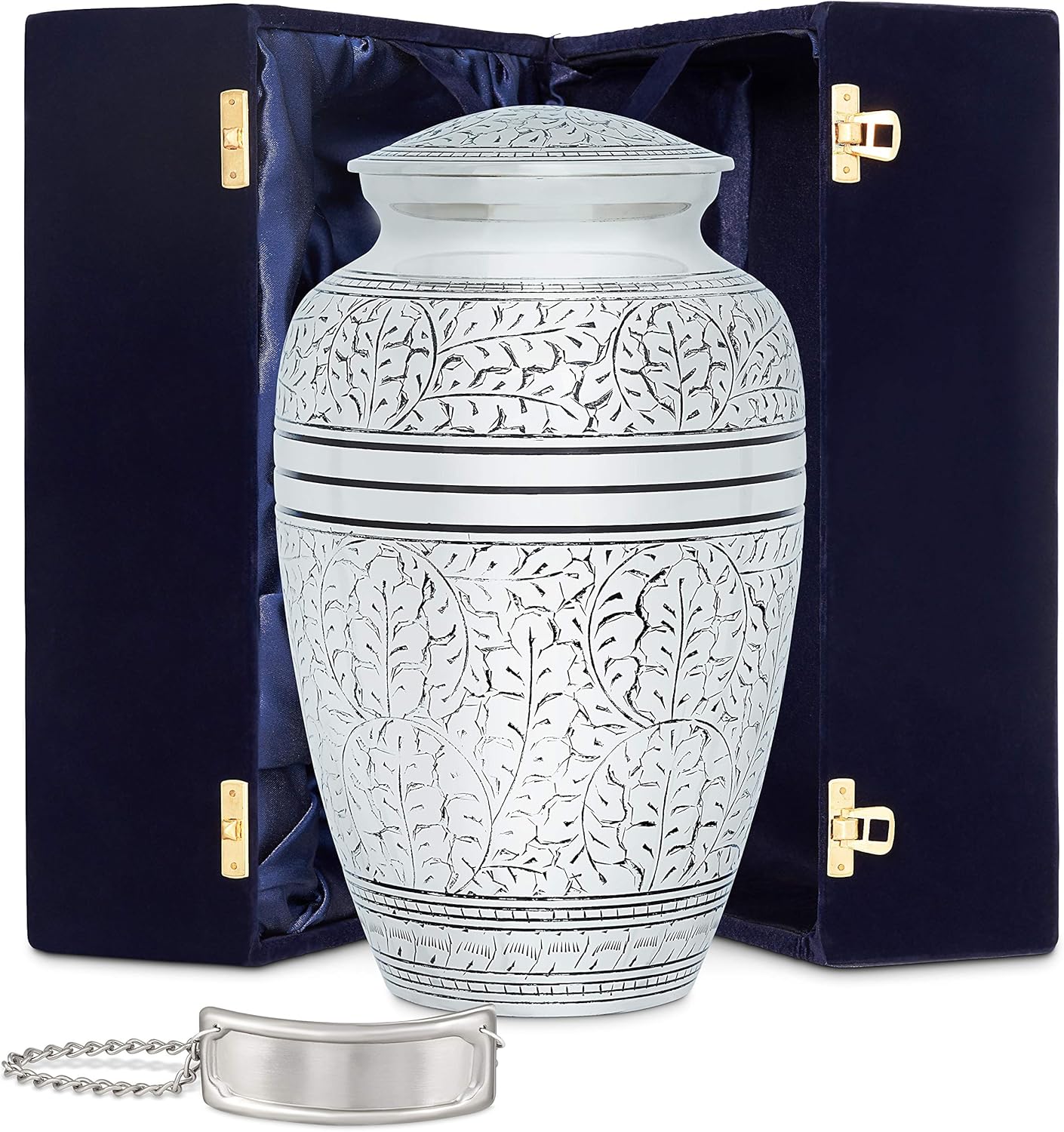 Berkshire Memorials Decorative Urns for Human Ashes – Adult Size – Hand-Crafted Brass Cremation Urns with Engravable Pewter Nametag & Velvet Box – Secure Screw Top Seal - Protective Coating (Oak Leaf)