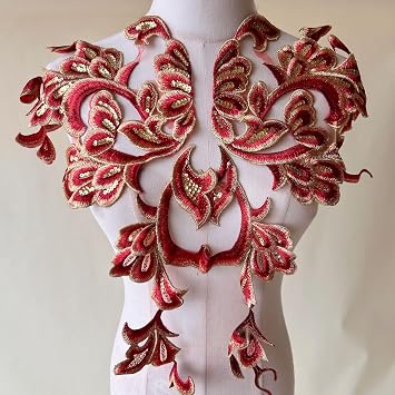 Vintage Lace Motif Shimmering Sequined Embroidery Lace Patch Floral Tail for Performance Dance Costumes Red Color