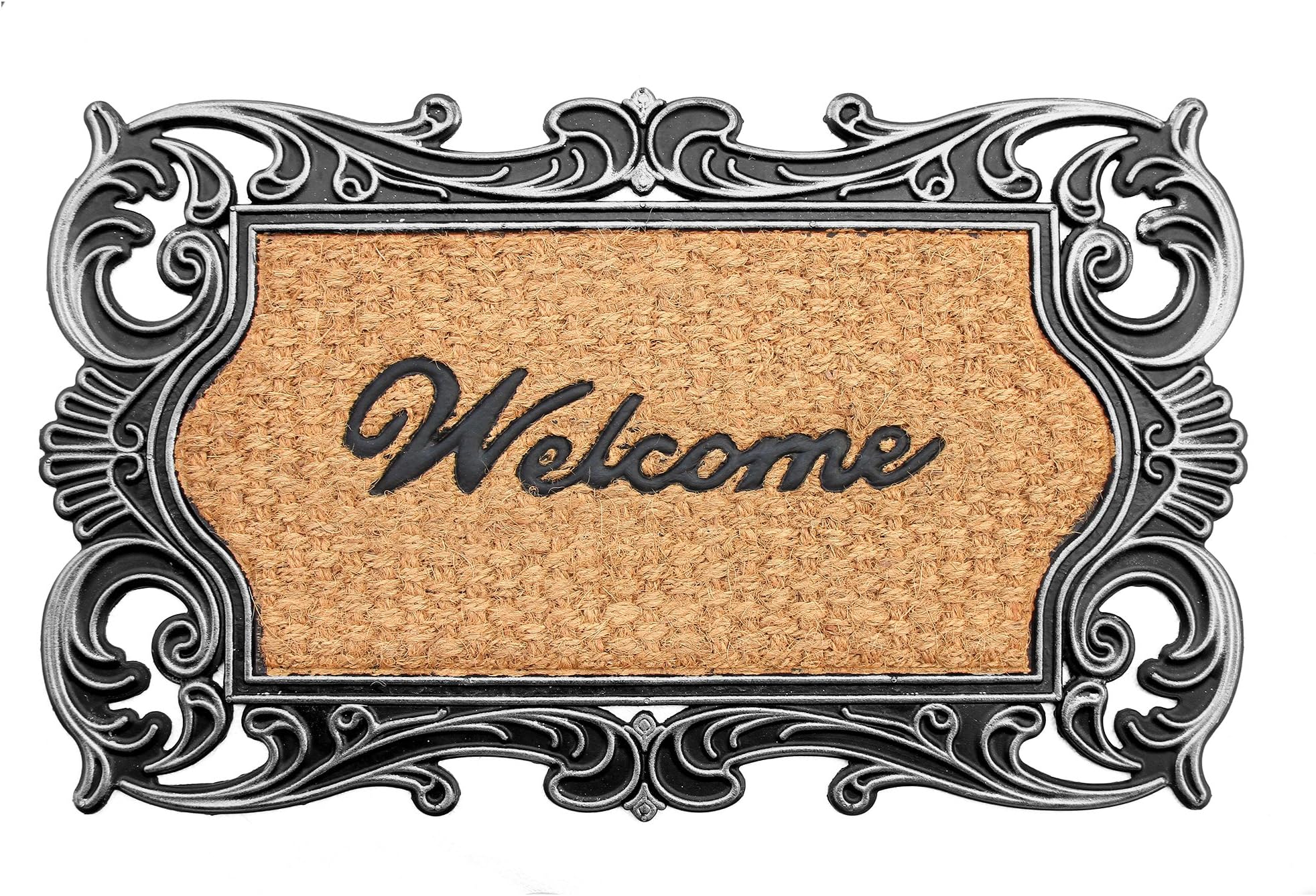 Natural Coir,Rubber Black&Gold Welcome Printed Rectangular Doormat With Attractive Designed Border Long-Lasting,Heavy Duty,Large&Thick Rug For Indoor&Covered Door Entrances(75Cm X 45Cm)