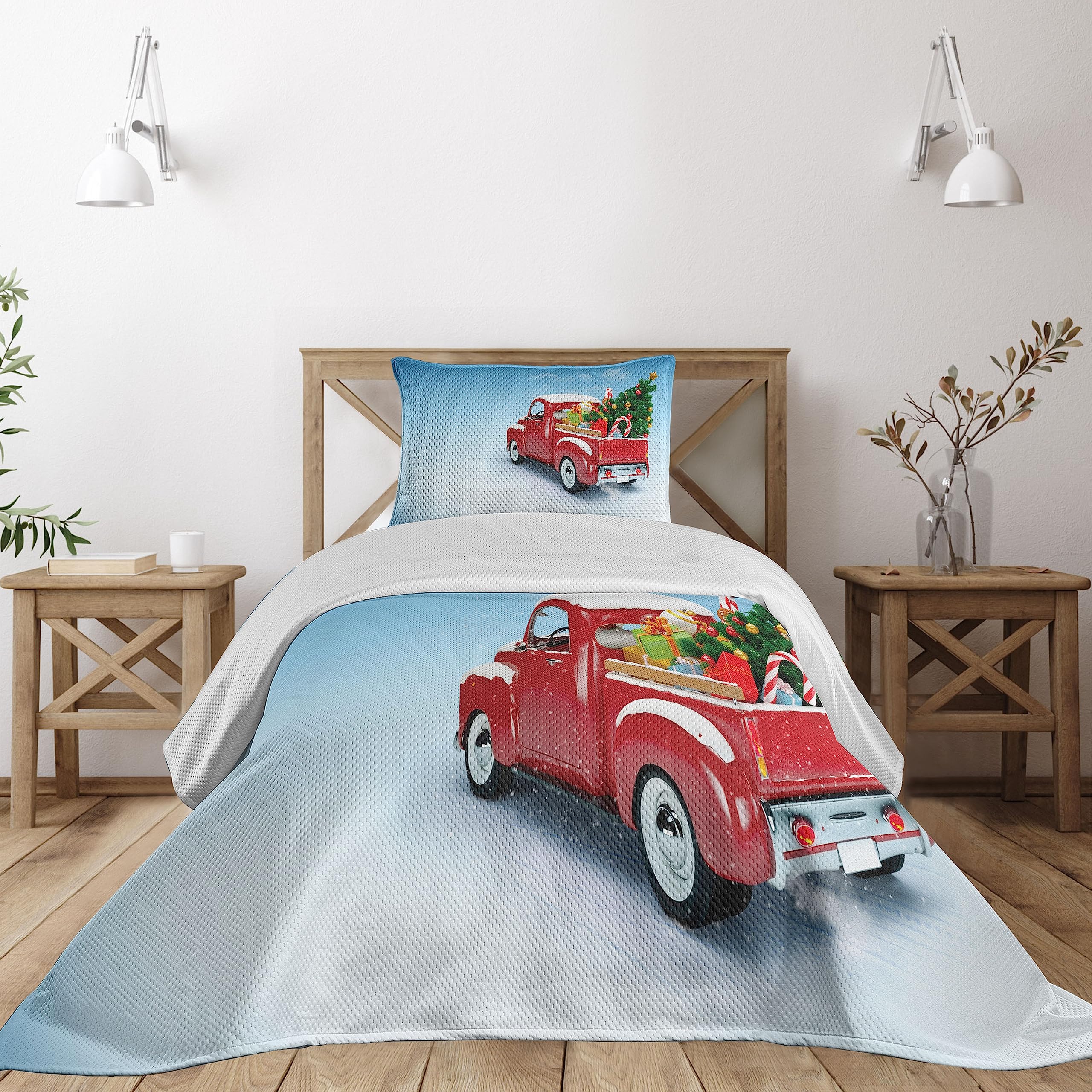 Ambesonne Christmas Coverlet, Red Classical Pickup Truck with Tree Gifts and Ornaments Snowy Winter Day Image, 2 Piece Decorative Quilted Bedspread Set with 1 Pillow Sham, Twin Size, Blue Red