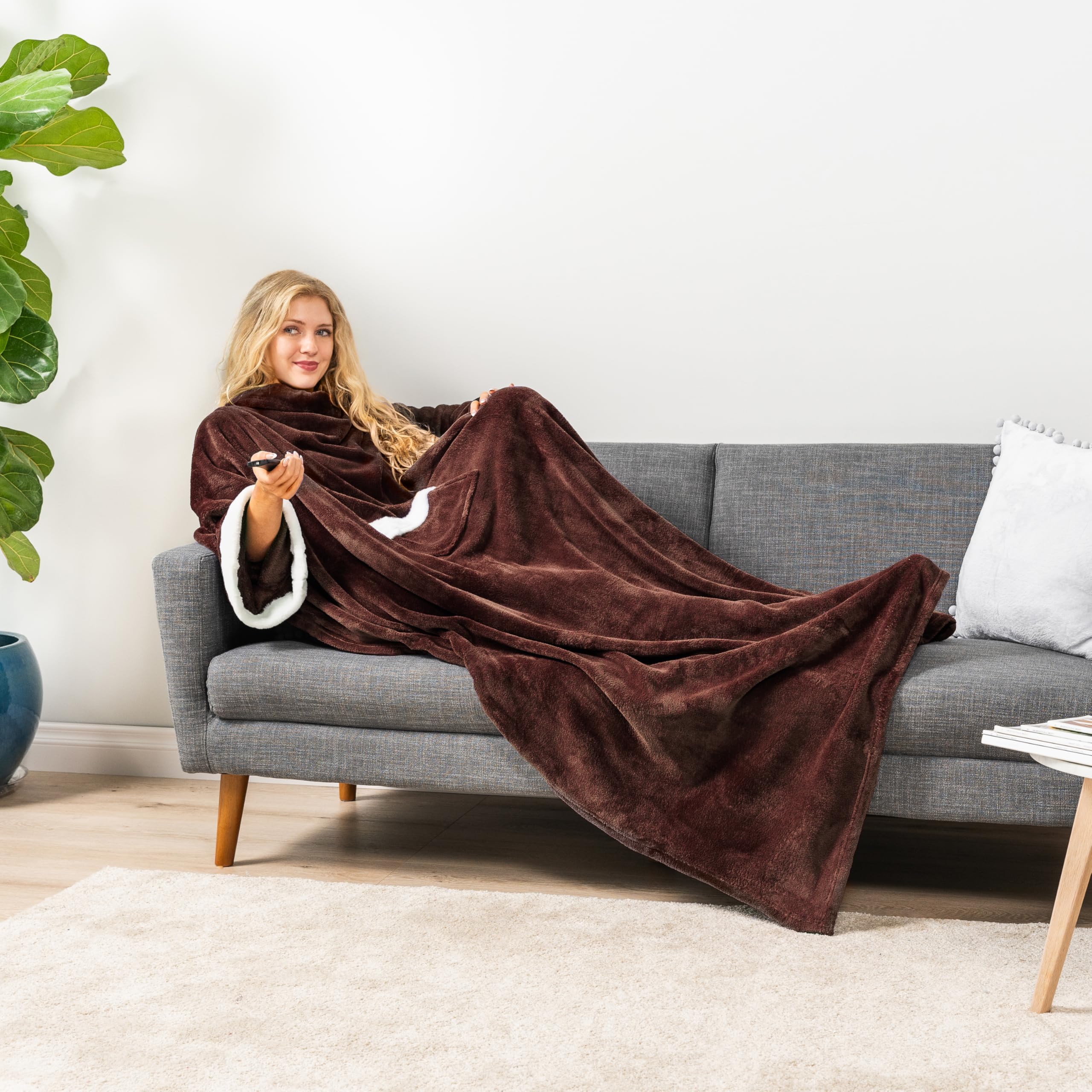 Lujosa manta de forro polar con mangas por Pavilia | elegante, acogedor, extra suave, funcional, ligero