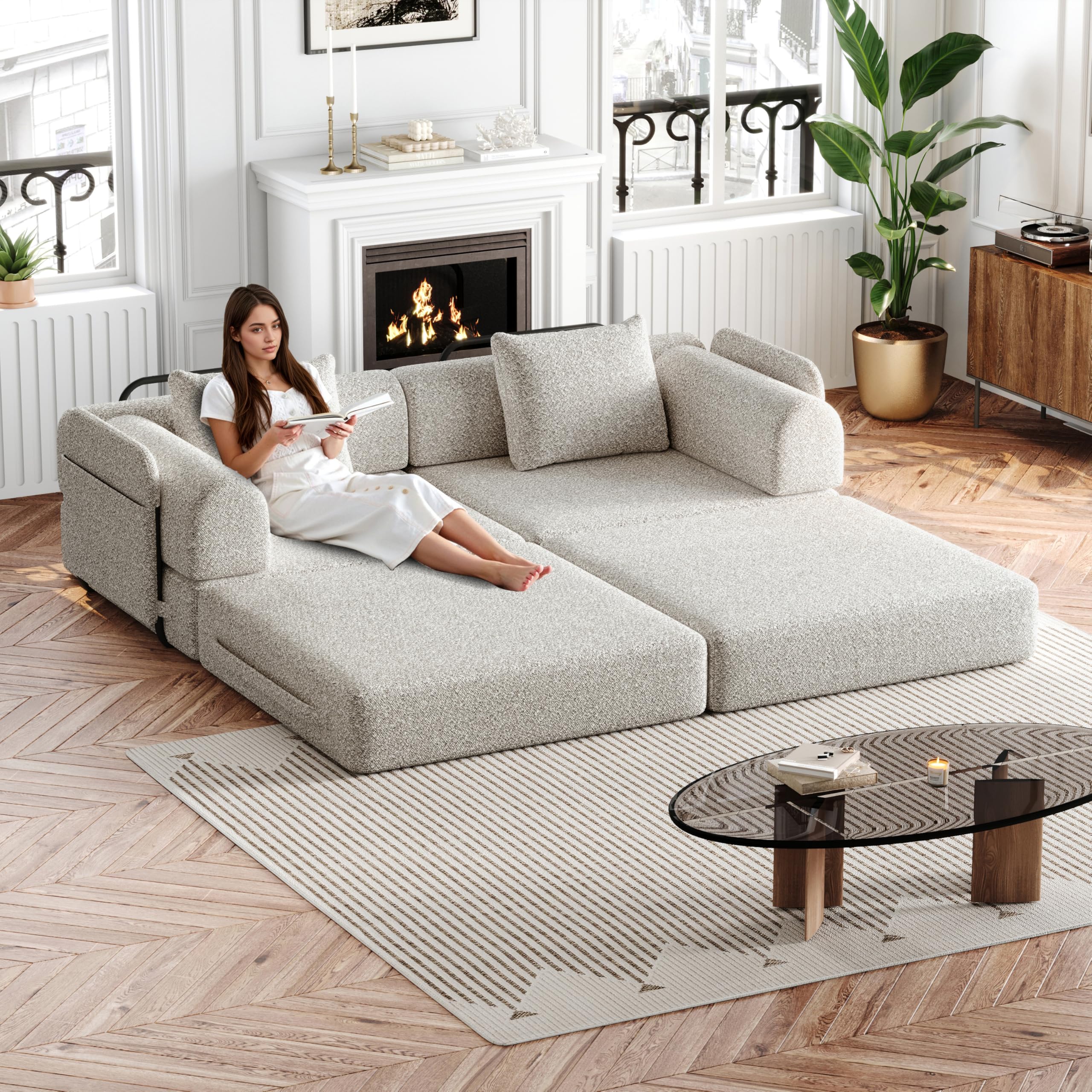 Sofá Cama Plegable con Respaldo y Almohada, Sofás con Estructura de Metal y Reposabrazos, Sofá Matrimonio Convertible para Salón Dormitorio, con Bolsa de Almacenamiento, Chenilla, Caqui