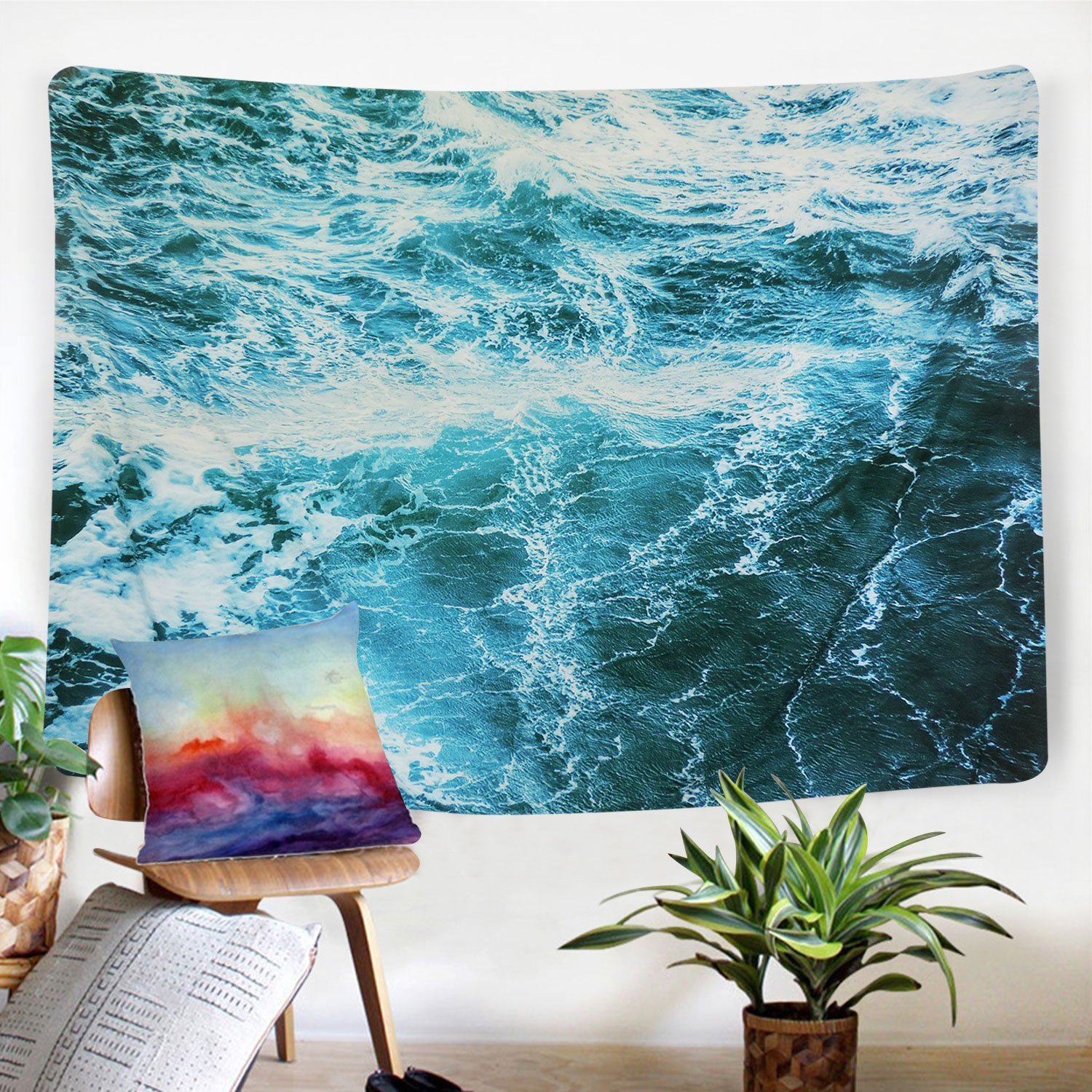 Sunm boutique Wall Tapestry Blue Ocean Wave Tapestry Sea Wall Hanging Tapestry Wall Art Decor Tablecloth (Spray,51.2"X59.1")