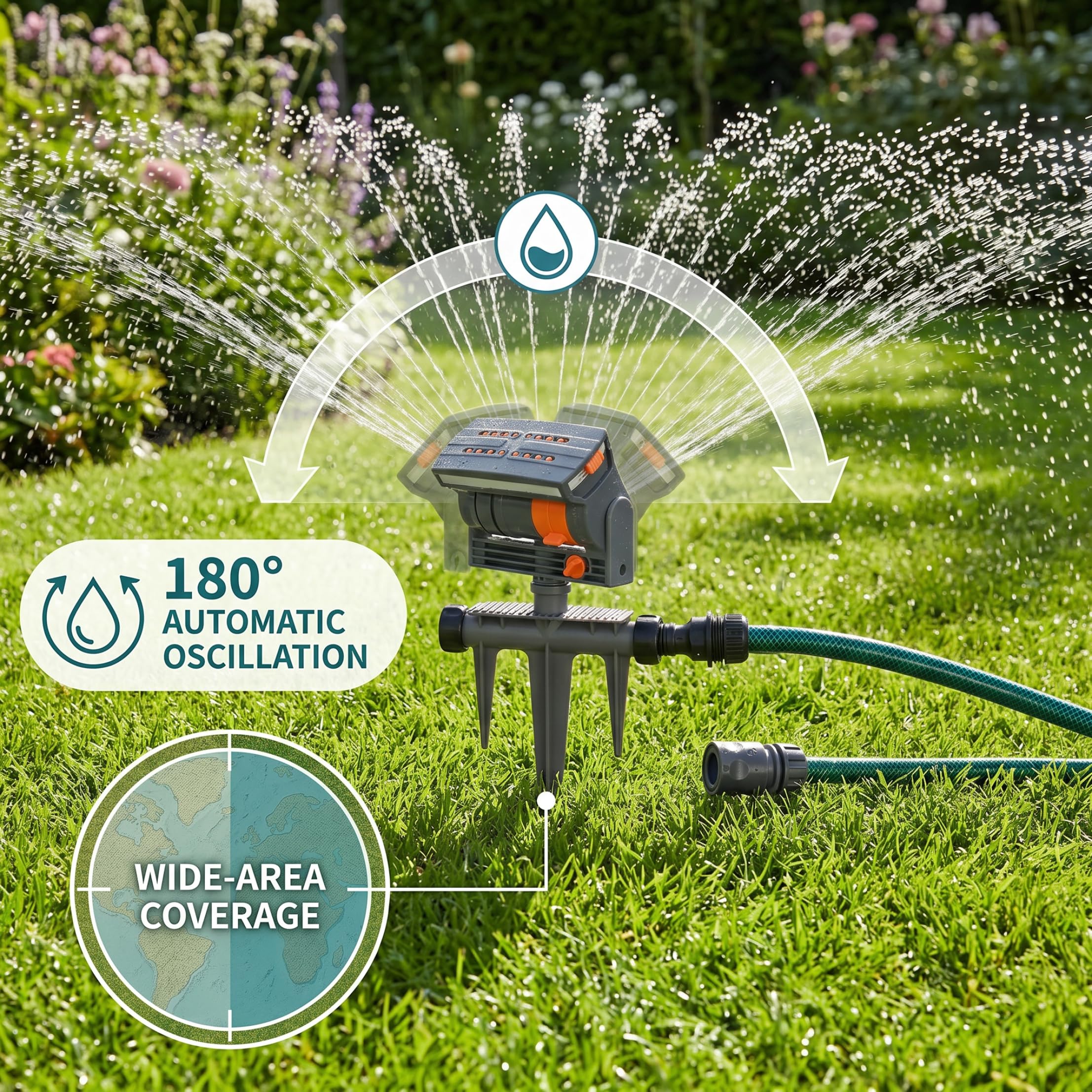 Aspersores, Aspersores De Césped para Jardín, Aspersor Oscilante Automático De Cobertura De 180 ° con Estaca De Trípode, Aspersor De Jardín De 4 Modos De Aspersión para Patio Y