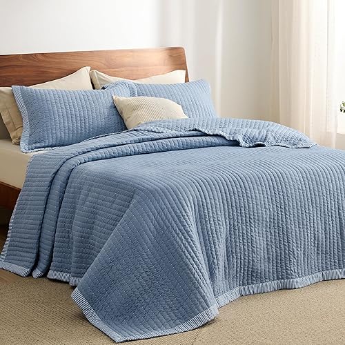 Miniatura 2 de Bedsure Edredón azul tamaño King juego de ropa de cama ligero y suave para todas las estaciones, colchas y colchas, juego de edredón con patrón de