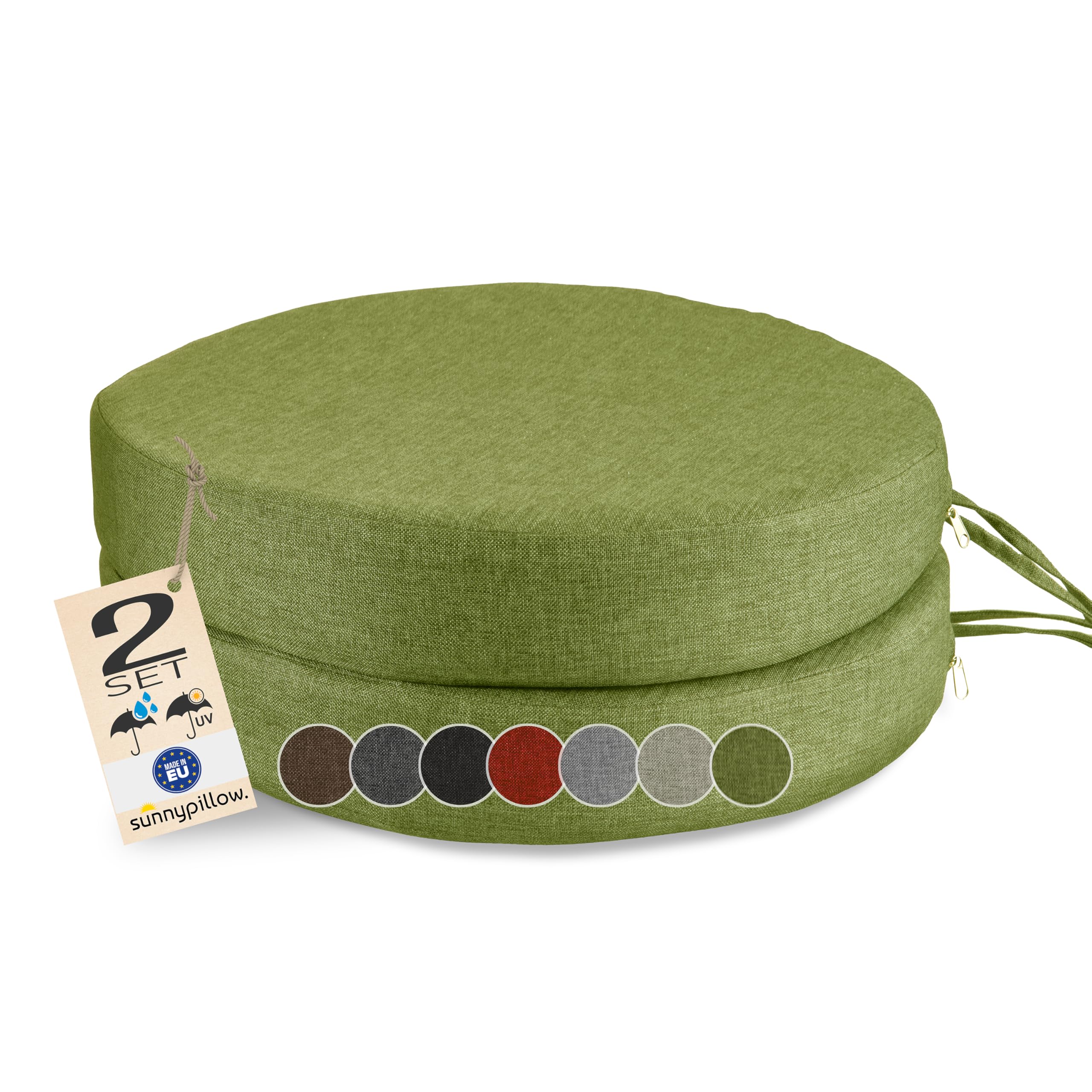 sunnypillow Lot de 2 Coussins de Chaise Ronds Ø 40 cm Extérieur - imperméables résistants aux UV - épaisseur 7 cm - Coussin d'assise pour bancs - Coussin de siège pour la Maison et Le Jardin - Vert
