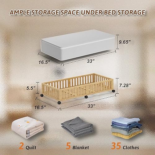 Miniatura 6 de Contenedores de almacenamiento de bambú para debajo de la cama con ruedas, paquete de 2 cubos grandes para guardar zapatos debajo de la cama,