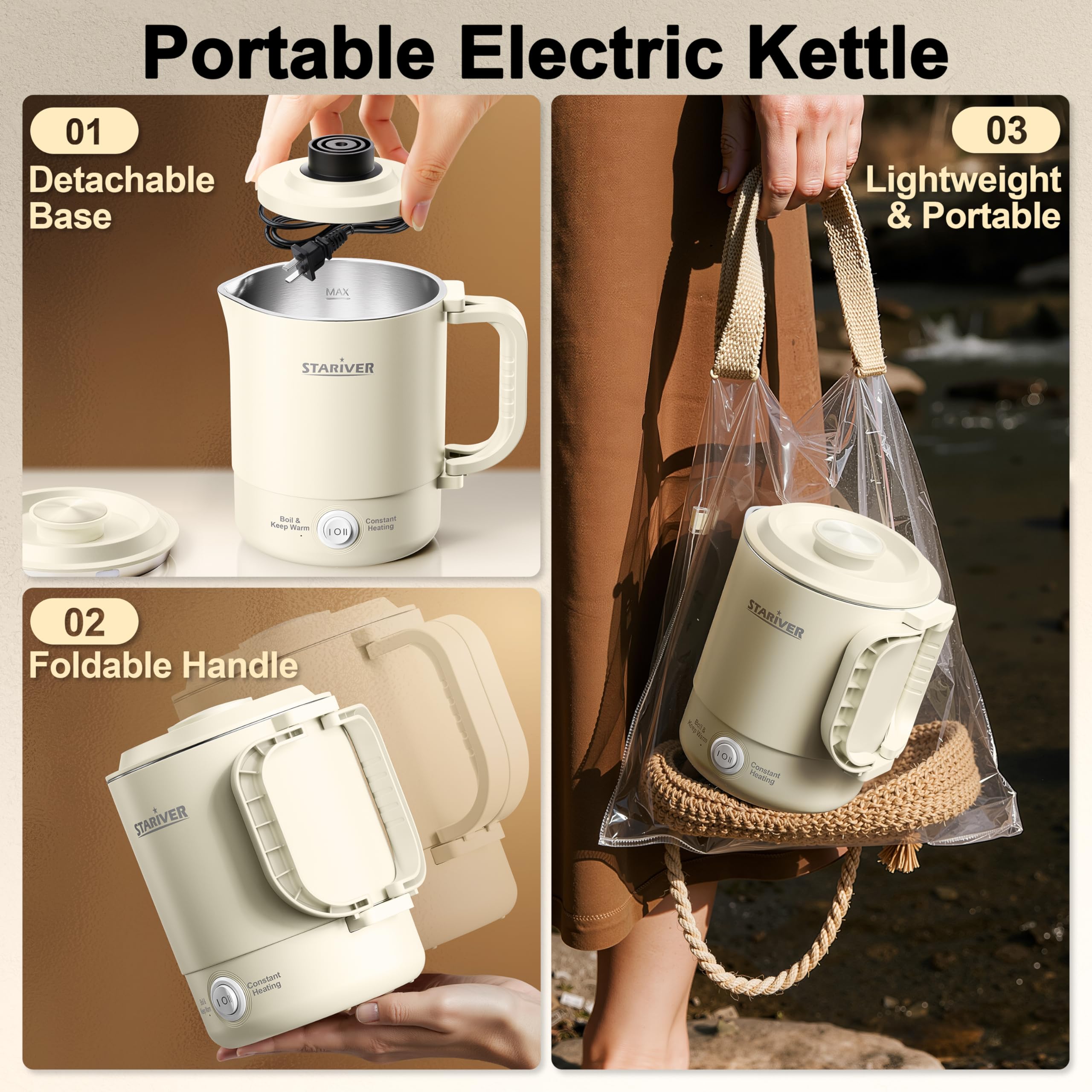 Hervidor de viaje portátil, hervidor eléctrico pequeño de 20.3 fl oz con mango plegable, caldera de agua plegable de acero inoxidable de grado alimenticio con dos modos, compacta para RV 2