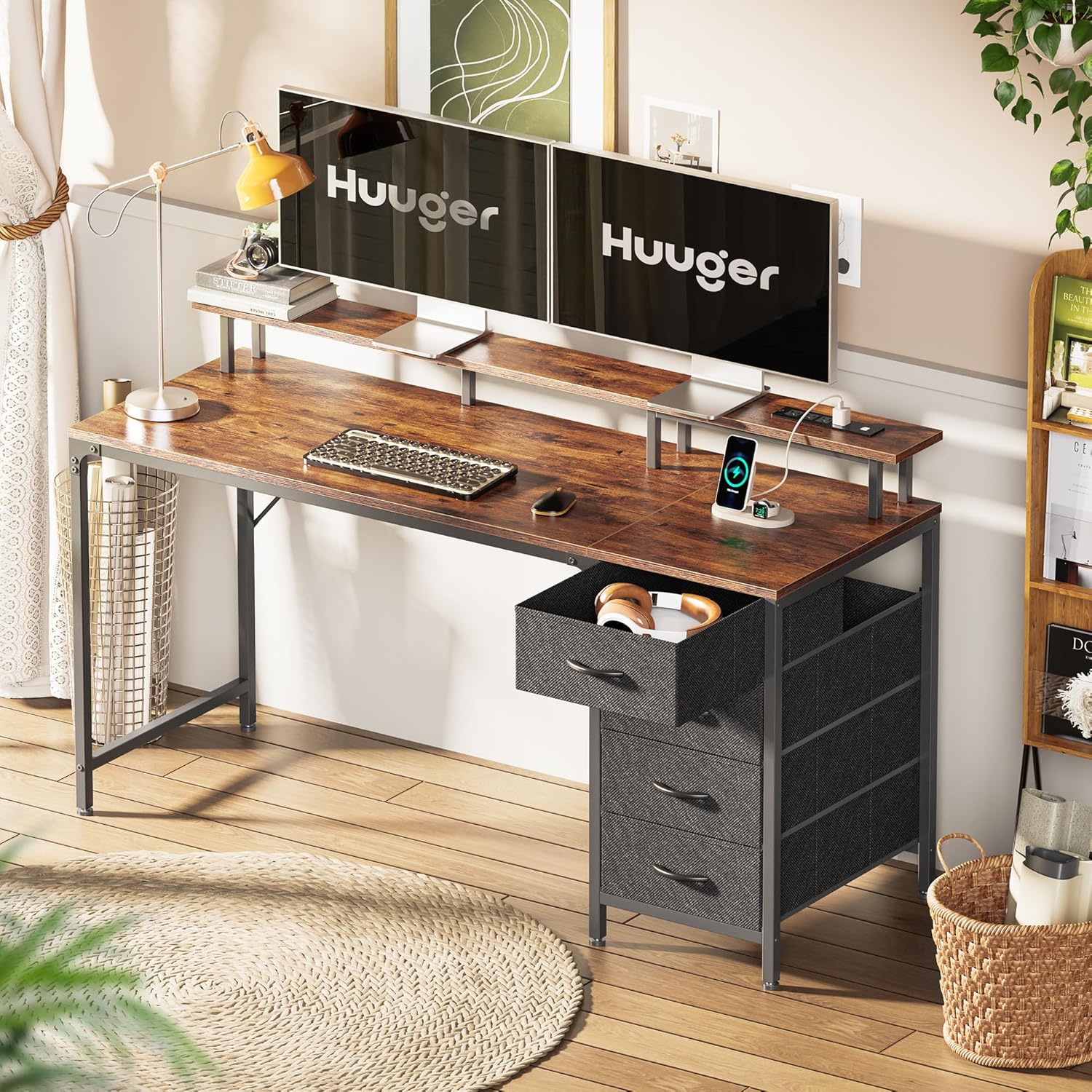 Huuger 47 Inch Computer Desk with Power Outlets and LED Lights, Gaming Desk with 4 Drawers, Office Desk with Monitor Stand, Study Work Home Office, Small Spaces, Black The Forest Stewardship Council - imagen 5