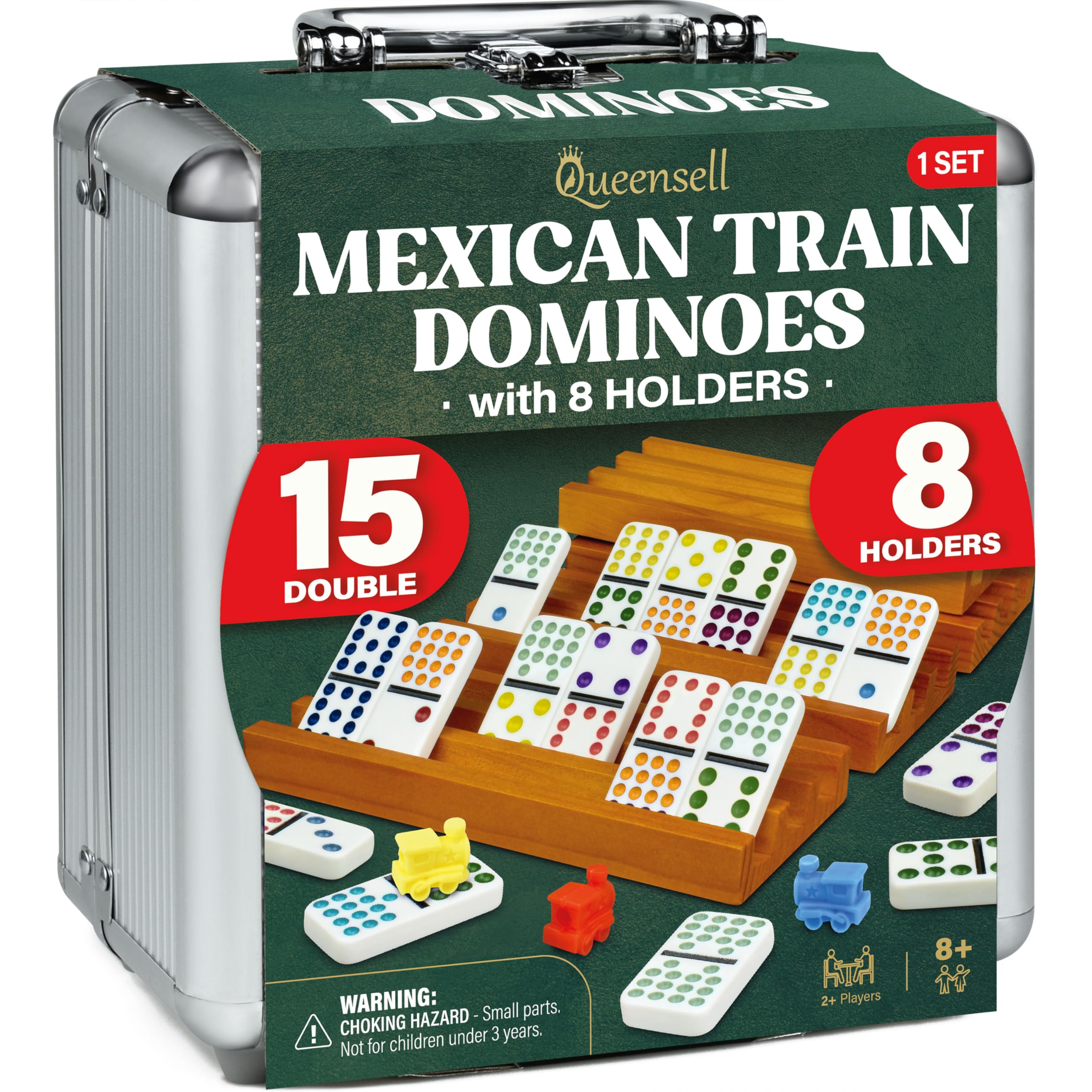 Queensell Mexican Train Dominoes Set Double 15 with 8 Holders - Wooden Hub and Tiles Holders - Double 15 with Dots (D15 + 8 Holders)