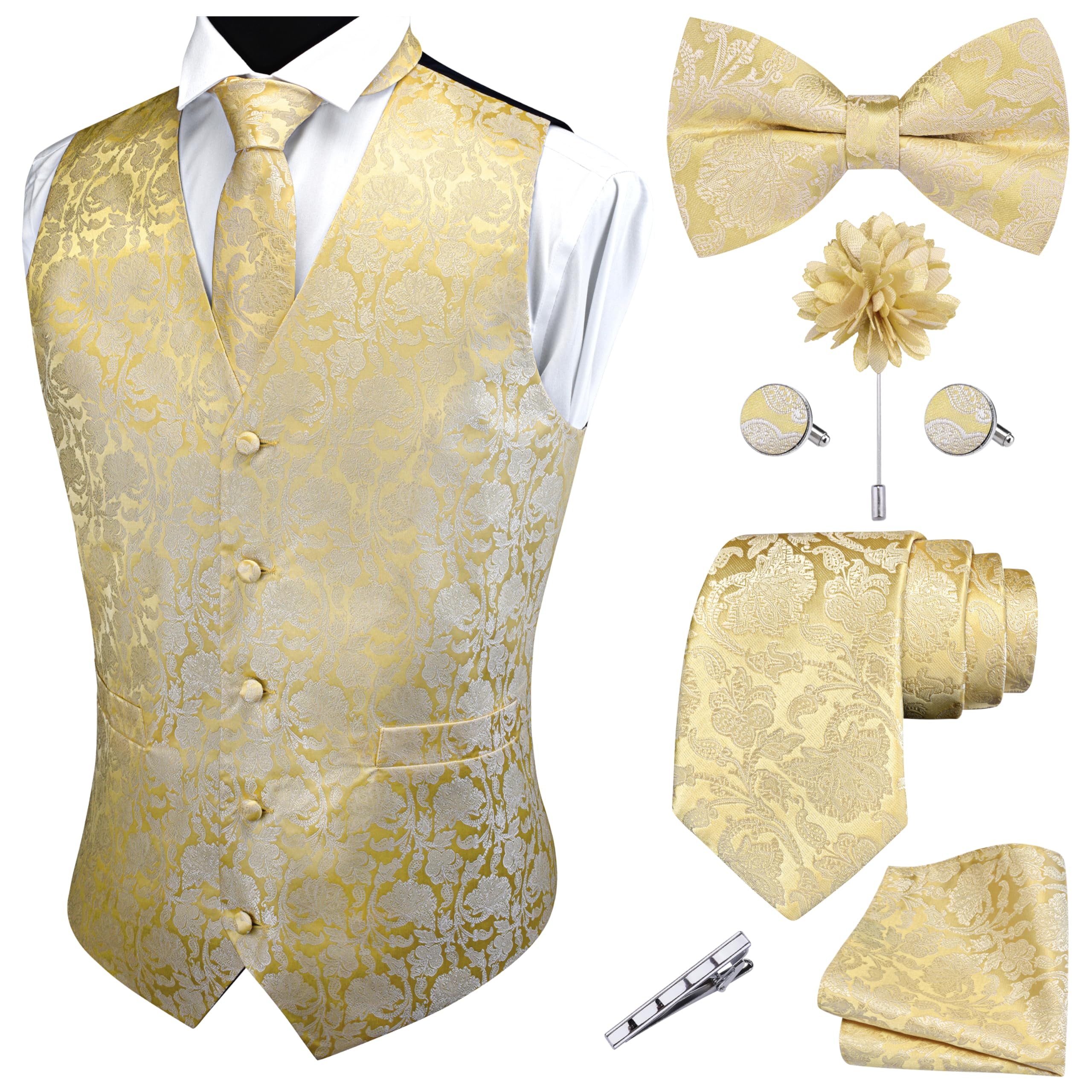 GUSLESON Formal Men Vest Paisley Floral Jacquard Tie Waistcoat Bow tie Hanky Lapel Pin Cufflinks Set Wedding 7PCS