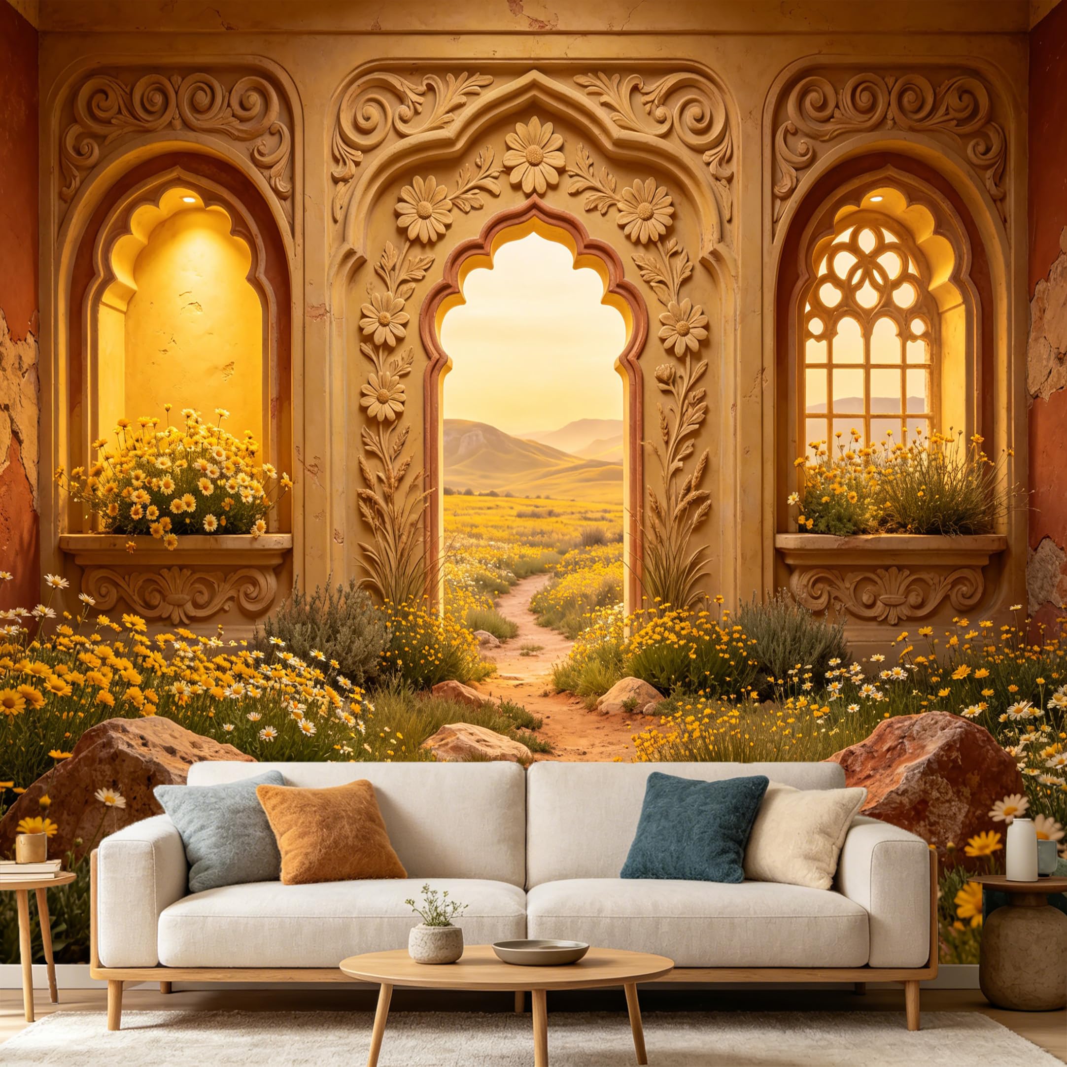 Custom Size Wall Mural， Mediterranean Stone Archway Sunset Yellow Wildflower Field， SelfAdhesive Art Prints wall Fabric Removable Large Wallpaper Home Living Room Decor