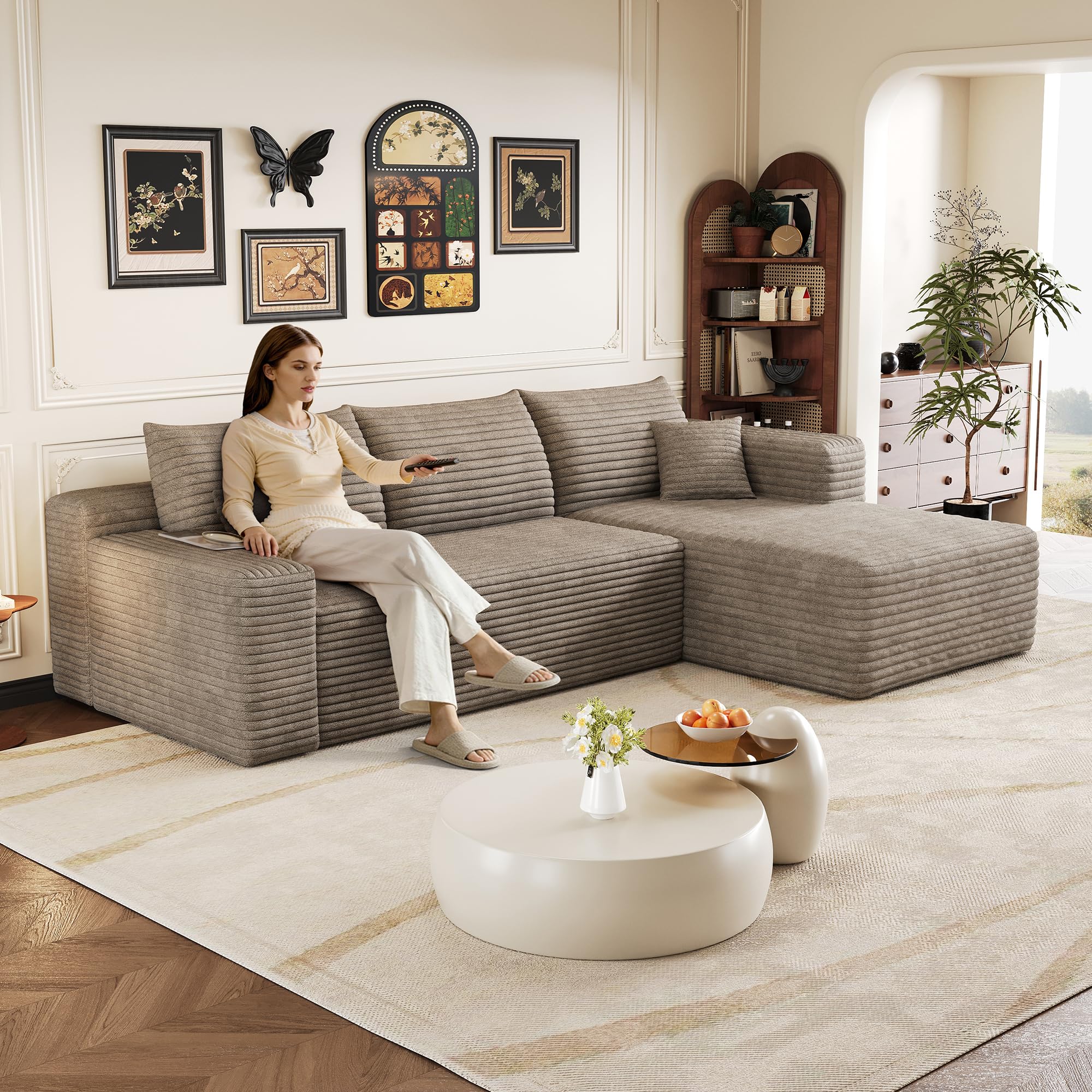 241 cm sofá convertible, sofá esquinero, sofá modular, asiento profundo, sofá de 3 plazas con meridiana, sofá comprimido en forma de L, color marrón claro