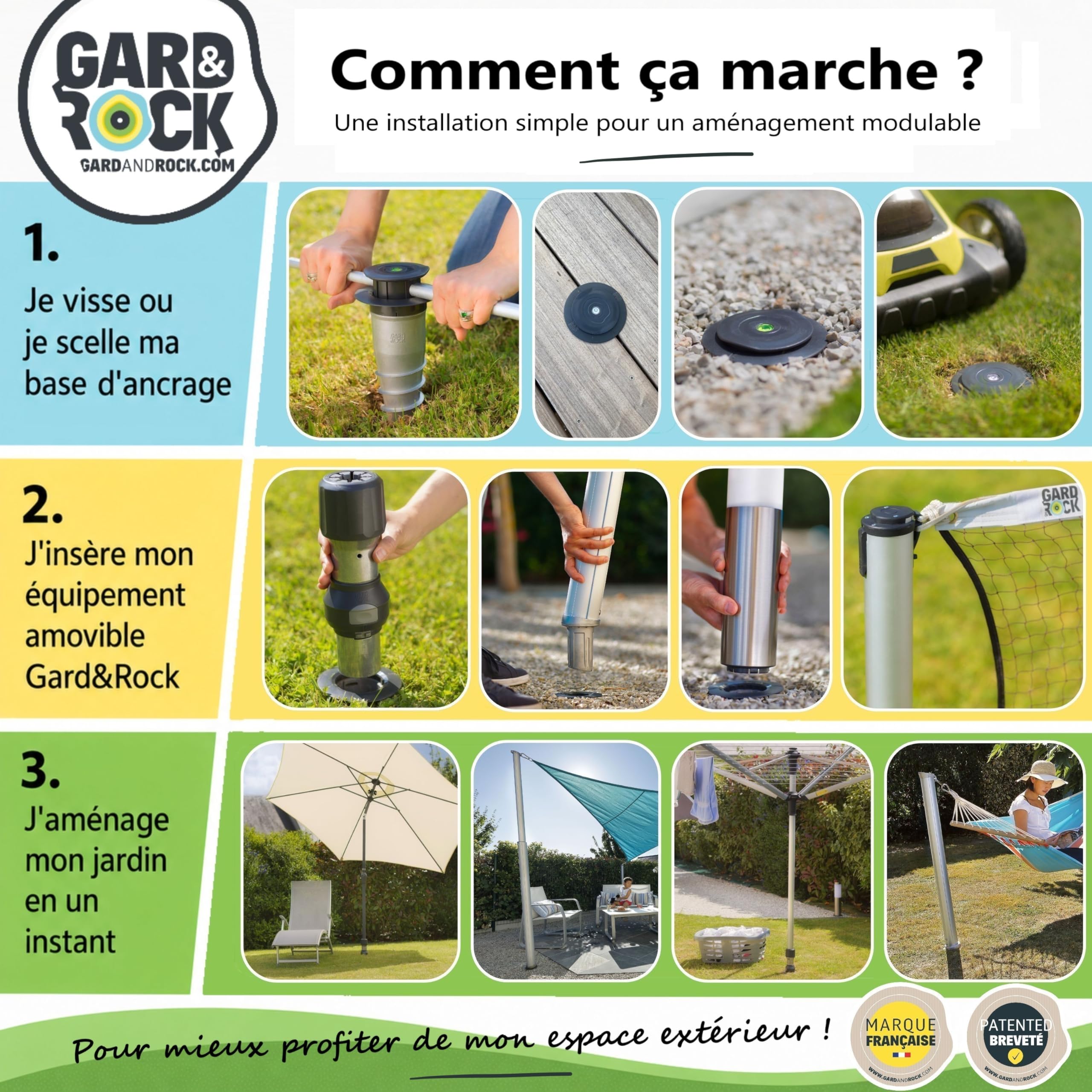 GARD & ROCK - Kit poteaux multisports, télescopiques en aluminium - Badminton, Tennis, Volley-Ball - À clipser sur les bases d'ancrage - Transformez en un instant votre jardin en un terrain de sports!