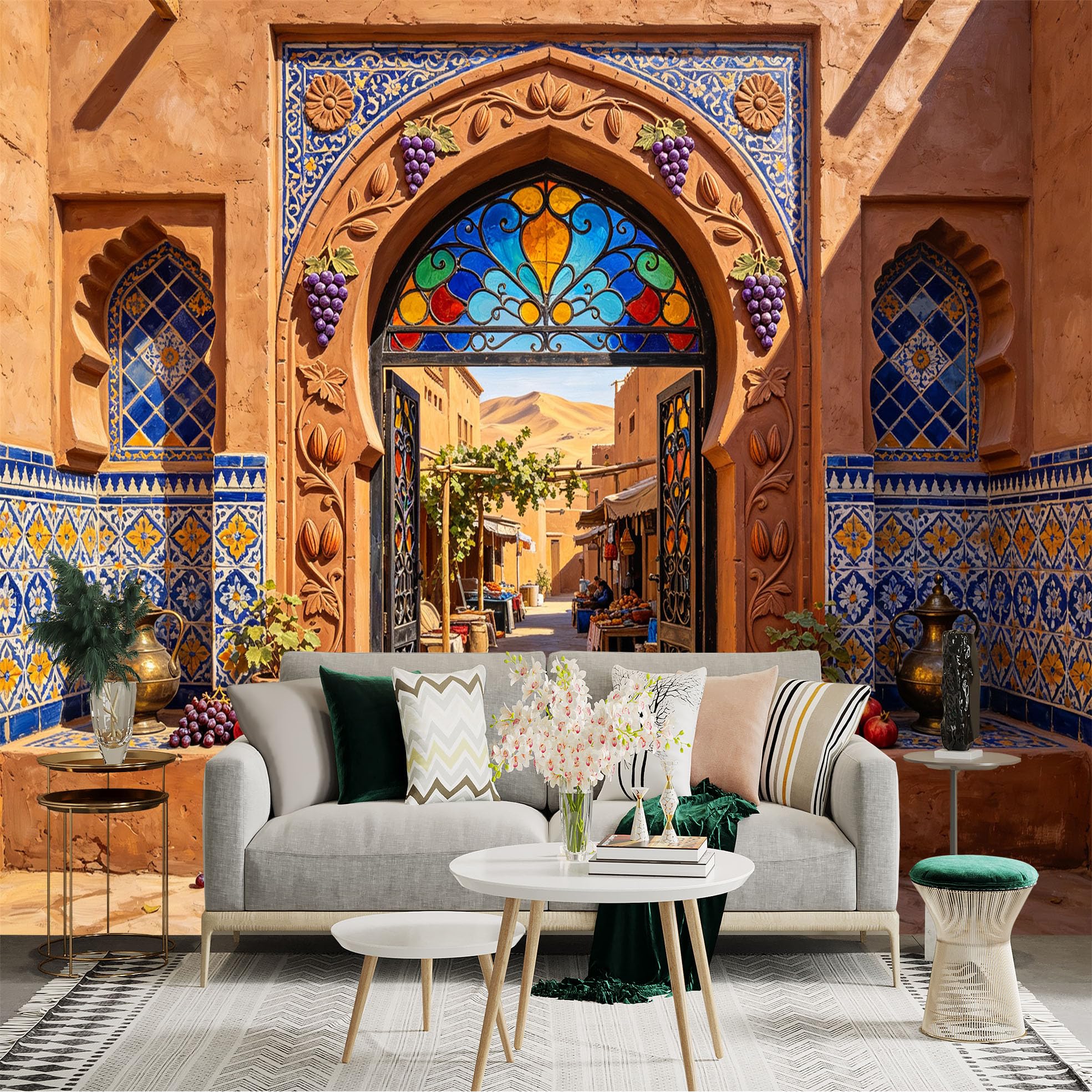Custom Size Wall Sticker Mural， Moroccan Archway with Mosaic Tiles and Desert Market， for wall Decoration， peelandstick wall Decals.