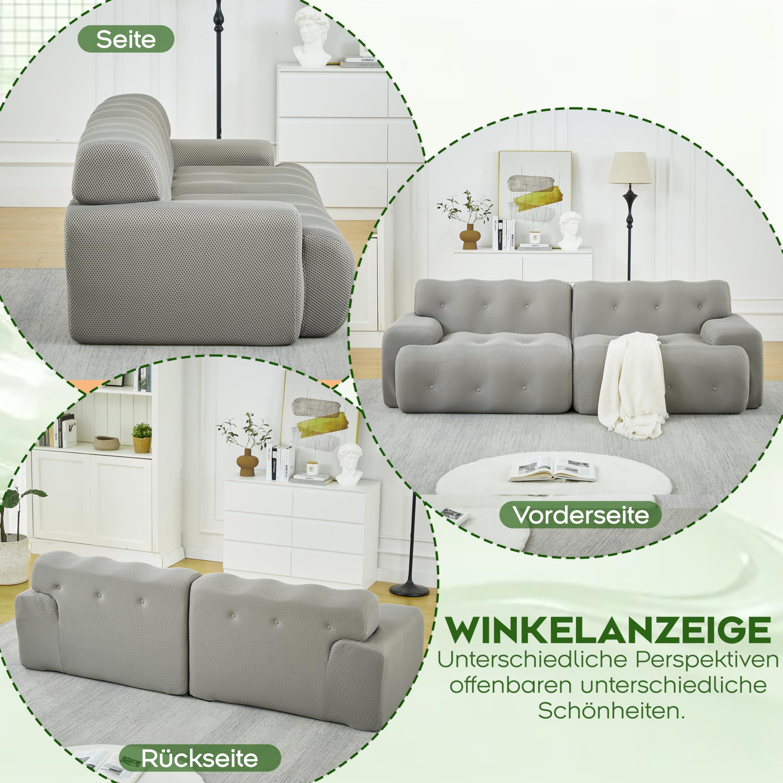 Cloud Sofa 2-osobowa, bardzo duża – modułowa sofa bez boneless z ornamentem na guziki, szerokie podłokietniki, łukowata, bez montażu, dzianina 3D, do salonu, szara