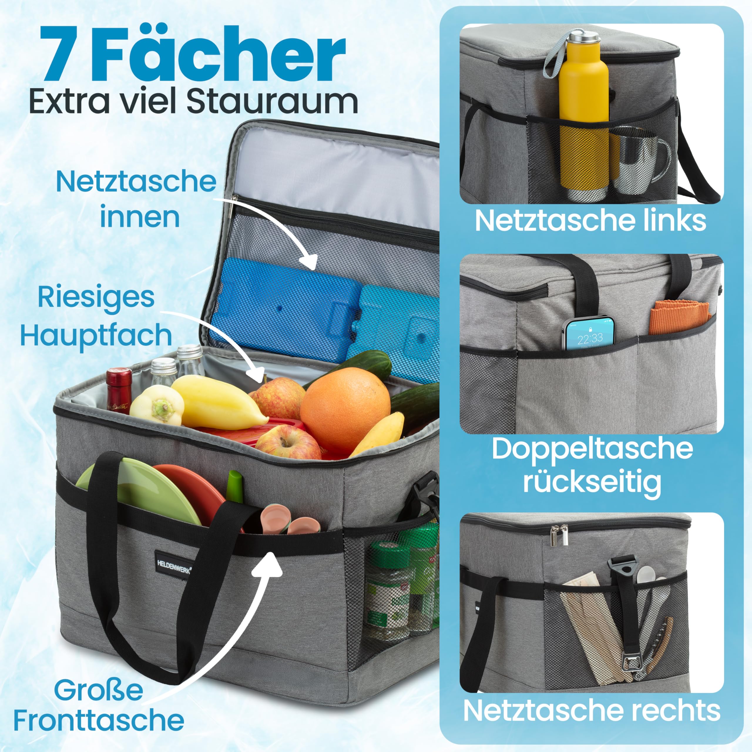 HELDENWERK Kühltasche groß faltbar – Kühlbox bis zu 12h Kühlleistung auslaufsicher & wasserdicht – Thermotasche, Picknicktasche, Lunchtasche, Isoliertasche mit 7 Fächern – verstärkter Boden