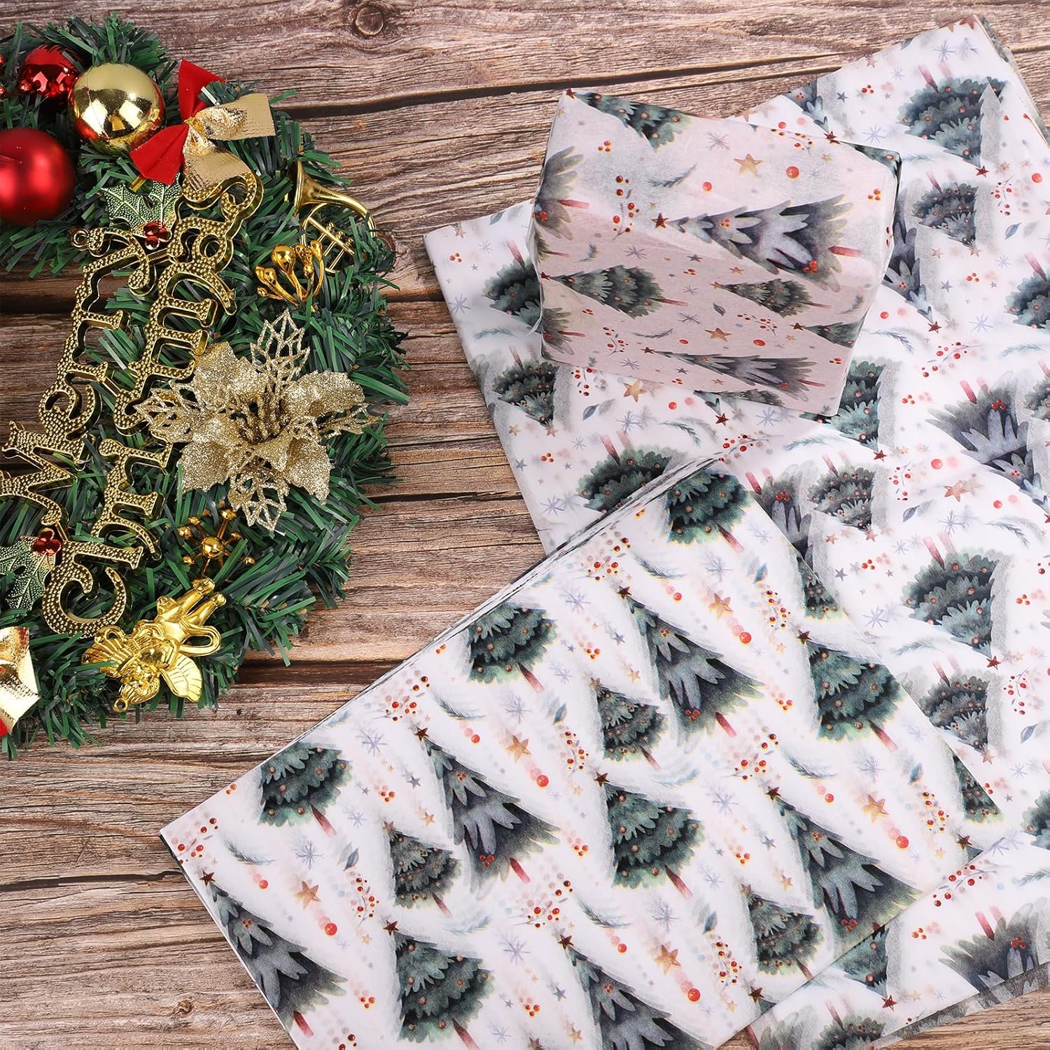 30 Sheets Christmas Wrapping Paper, 19.68x13.78in Christmas Tissue Paper Christmas Tree Snowflake Decorative Gift Wrapping Xmas Paper for Gift Packing Christmas Party Craft Supplies