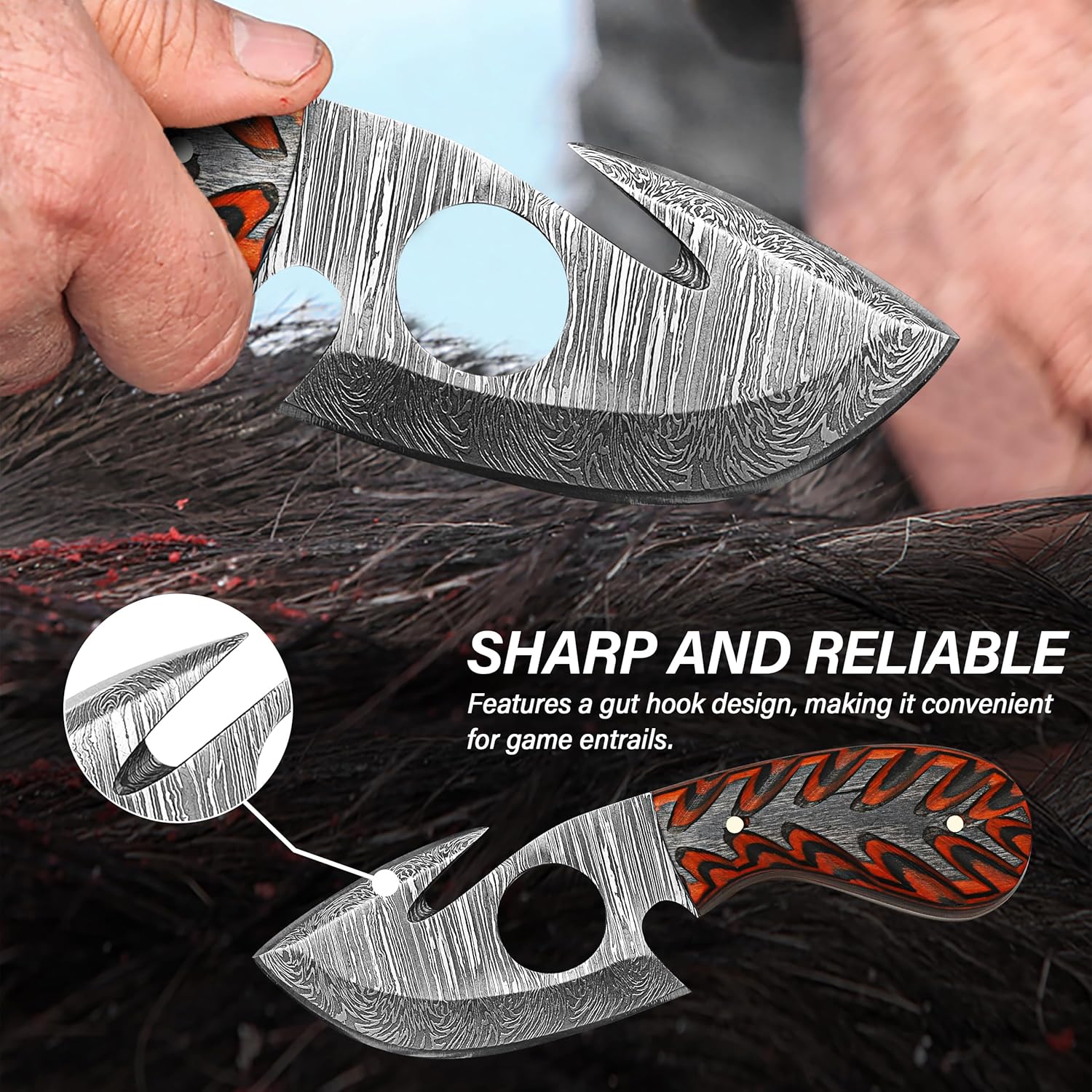 RYOBA Damascus Skinning Knife with Hook Handmade Damascus Steel Fixed Blade Skinning Hunting Knife With Gut Hook (Orange/Black)