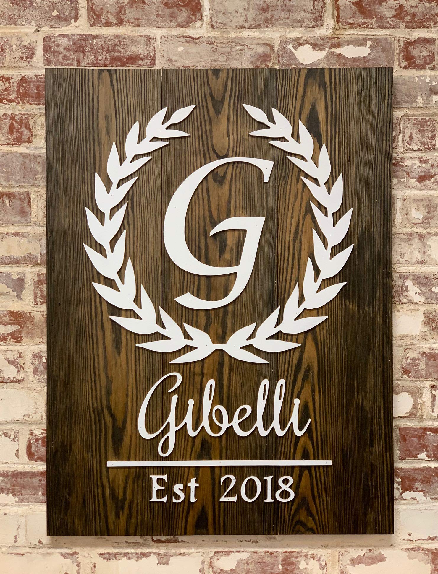 Family Name Wood Wreath Plaque Large Letter Initial Name and Year Established Monogram