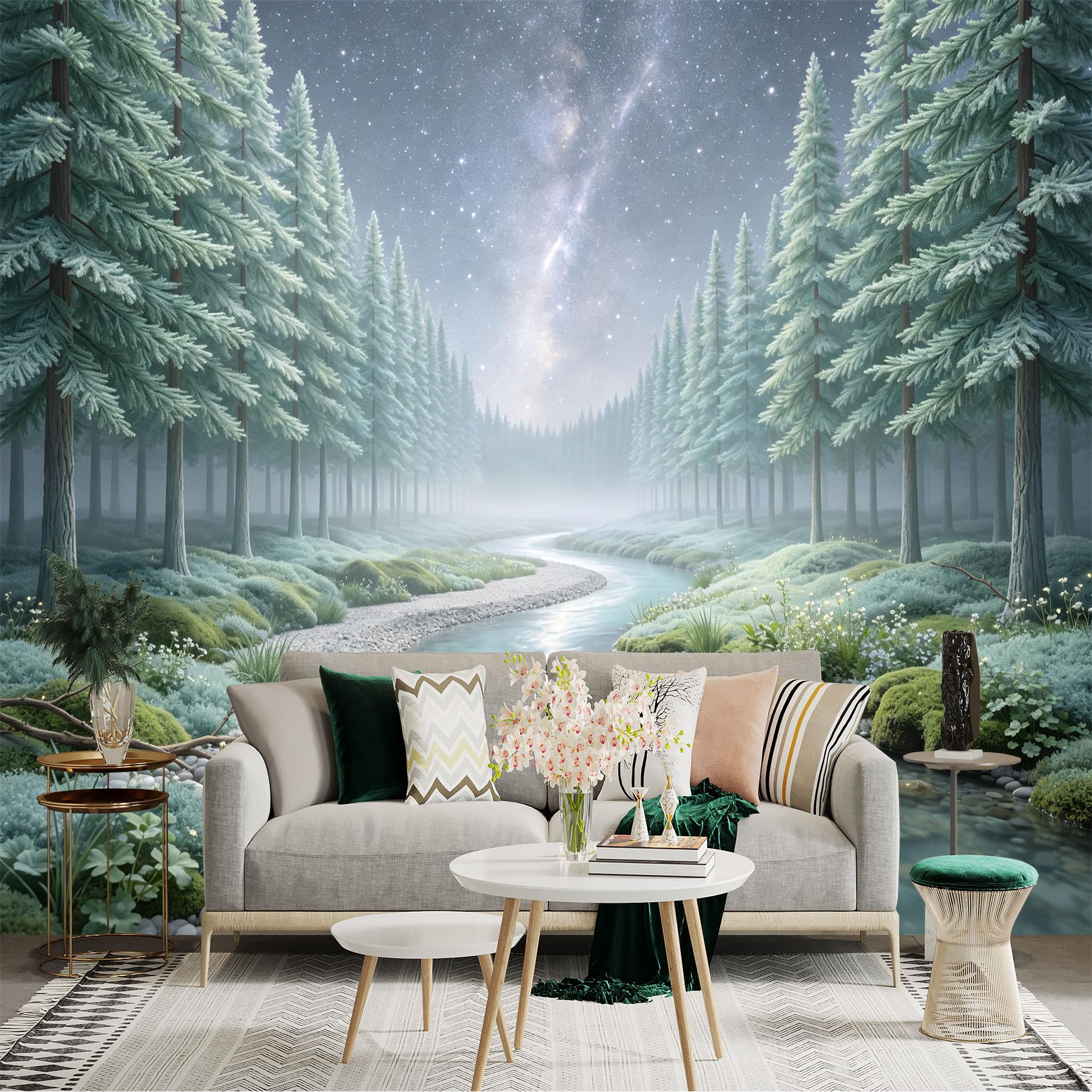 Lnzczhyre Bh260719459 Custom Size Wall Sticker Mural， Snowy Forest Landscape， Milky Way Galaxy， Tranquil River， Serene Nature Scenery， For Wall Decoration， Peelandstick Wall Decals.