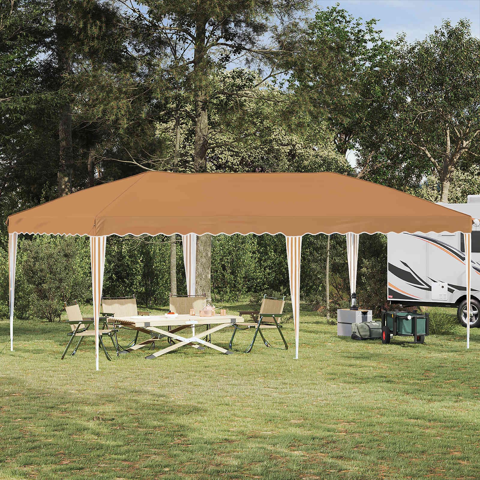 Namiot imprezowy Pop-up, beżowy, 575 x 290 x 245 cm, z malowaną proszkowo stalową ramą, odporny na warunki atmosferyczne, odporny na działanie promieni UV i z regulacją wysokości, składany, do
