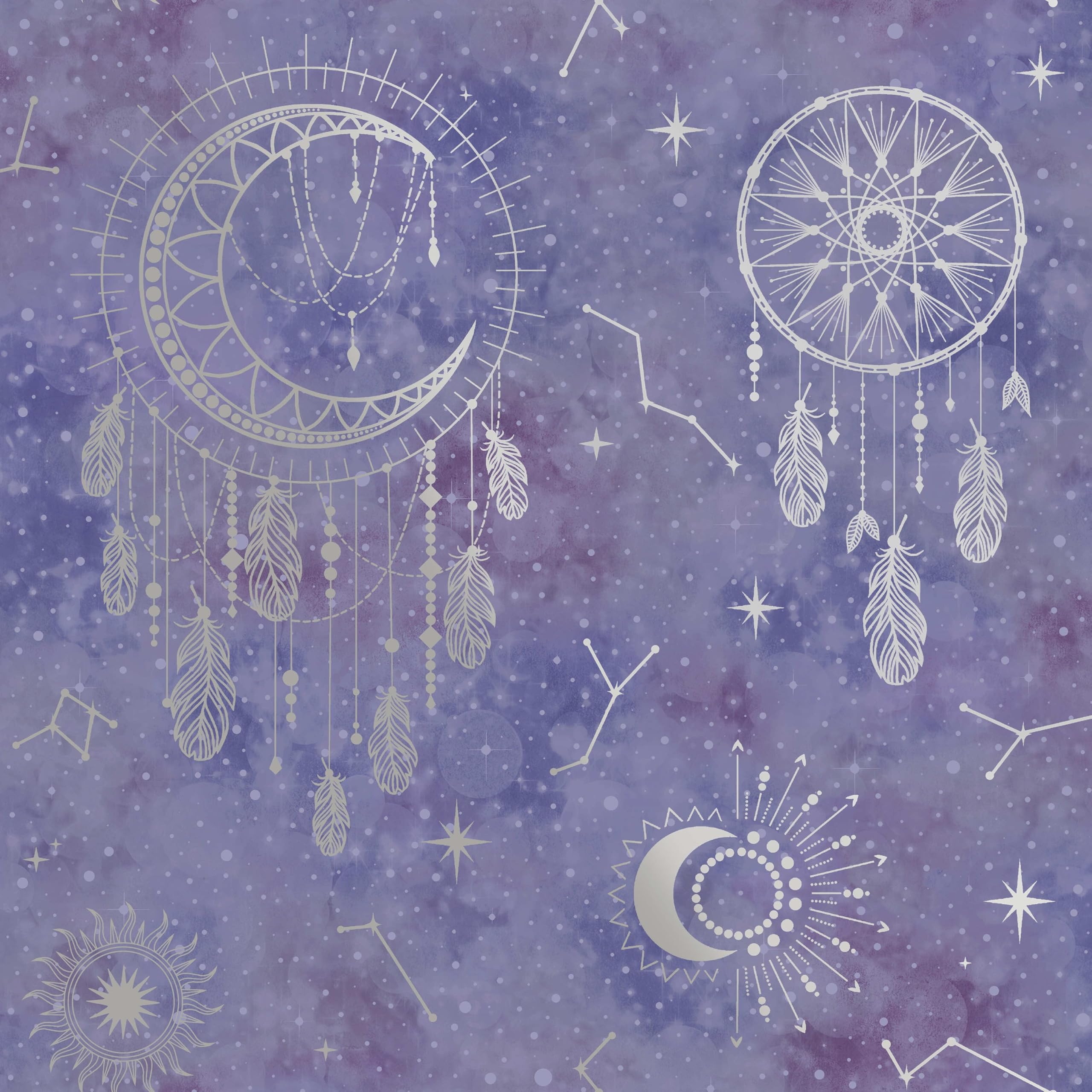 Holden Decor Dreamcatcher Wallpaper - Purple/Silver - 10m x 53cm - Metallic Dreamcatchers, Suns, Stars, Moons & Star Signs - Watercolour Effect - Kids