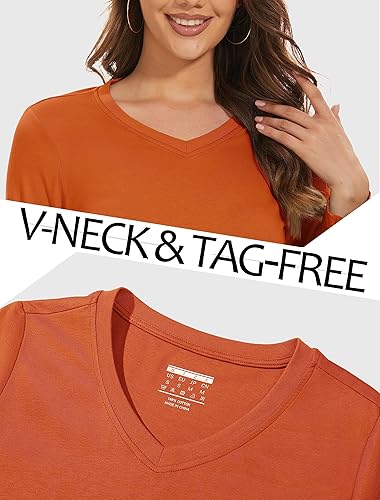 Miniatura 4 de MAGCOMSEN Camisetas de manga larga con cuello en V para mujer, básicas de algodón, camisetas casuales de ajuste clásico, suaves y transpirables