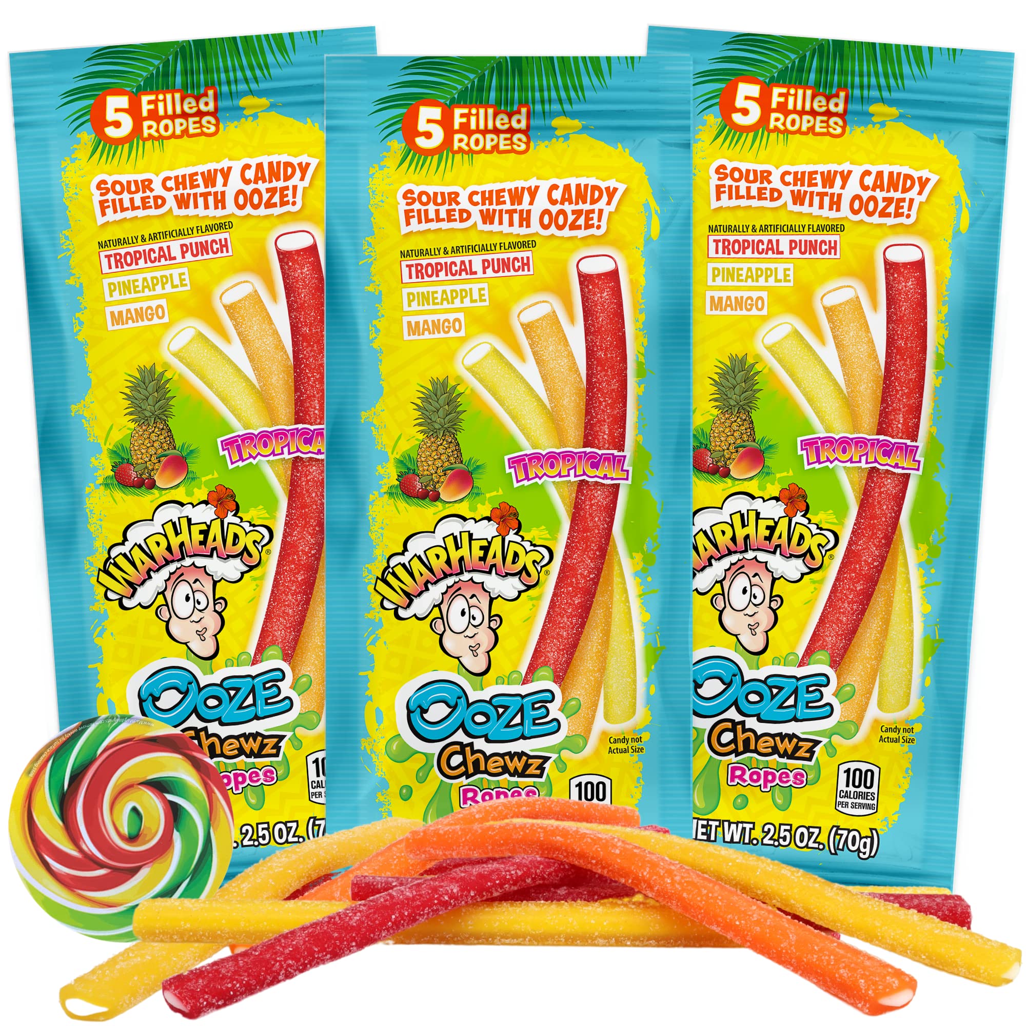 Tropical Ooze Chewz Ropes, Sweet and Sour Chewy Candy with Soft Center,  Assorted Fruit Flavored Treats, Ounces (Pack of 3)