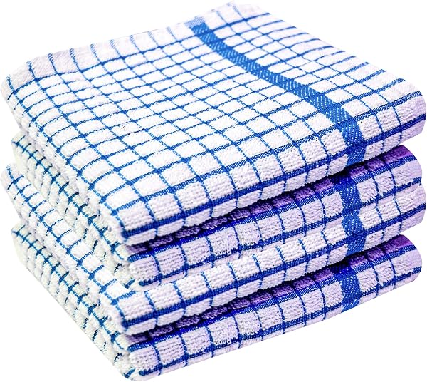 Xelay Kitchen Tea Towels 100% Cotton Dishcloths Wonderdry For Dish Drying Washing Reusable Absorbent Terry Unpaper Cleaning Cloths Machine Washable – 40cm x 60cm (Blue/White Jumbo Check Pack of 4) - 1