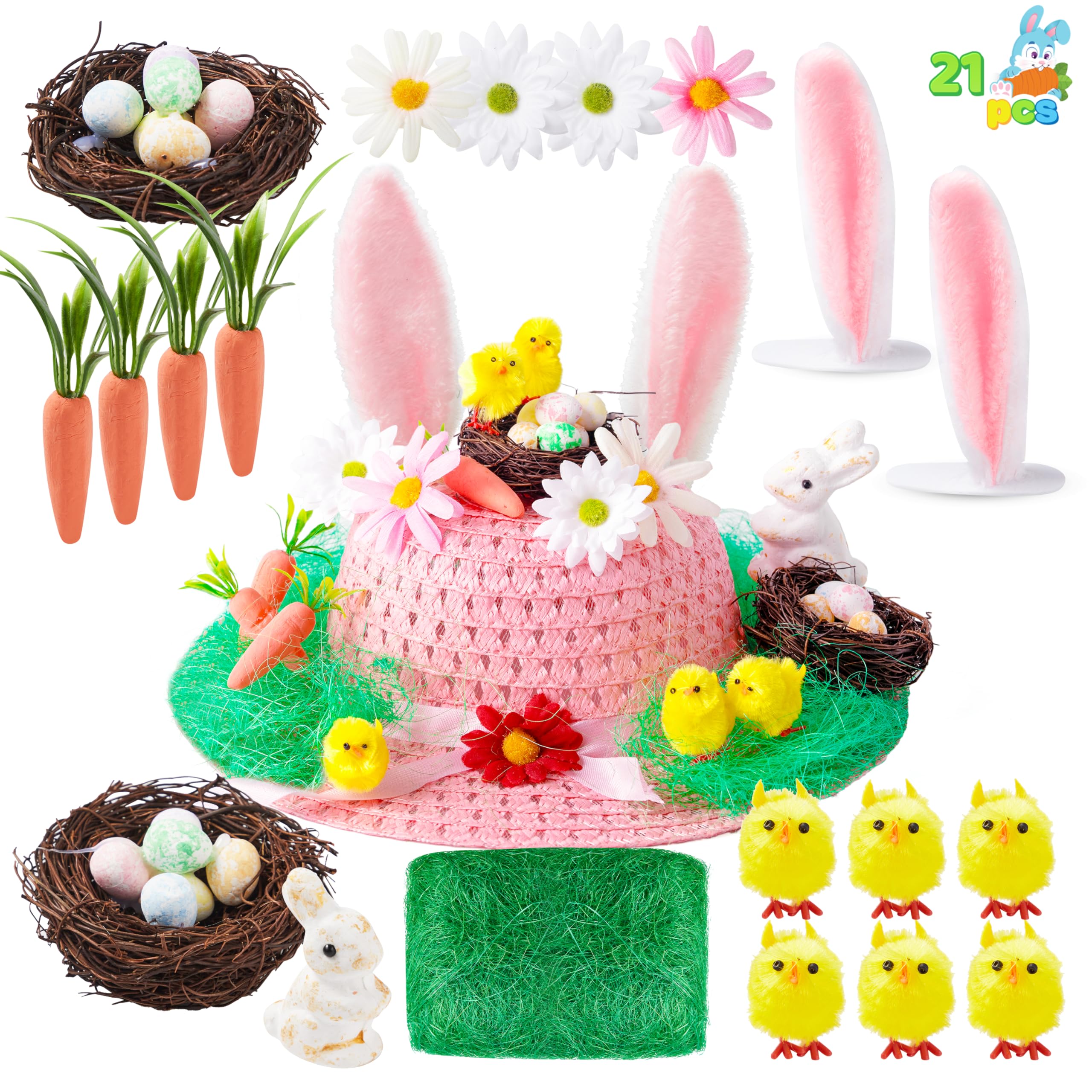 Joyin Boys Pink Easter Bonnet Kit, Easter Make Your Own Hat Craft Set With Chick, Bunny, Carrot, Rabbit Ears, Nest, Grass, Flower For Easter Hat Decorations & Crafts, Diy Activities For & Girls