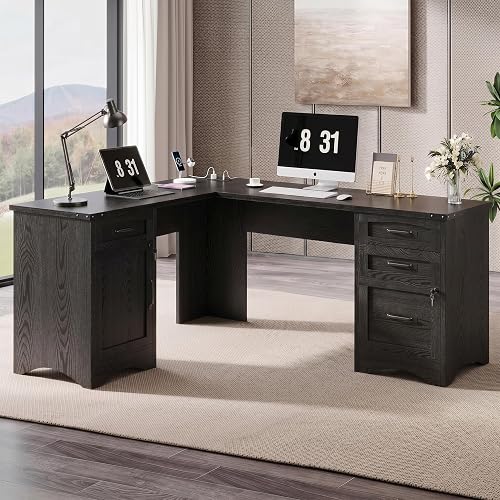 Decofy 67" Farmhouse L Shaped Standing Desk with Drawers Home Office Executive Desks with Fast Charging Station, Lockable File Cabinet, Wood Writing Computer Desk for Work, Study