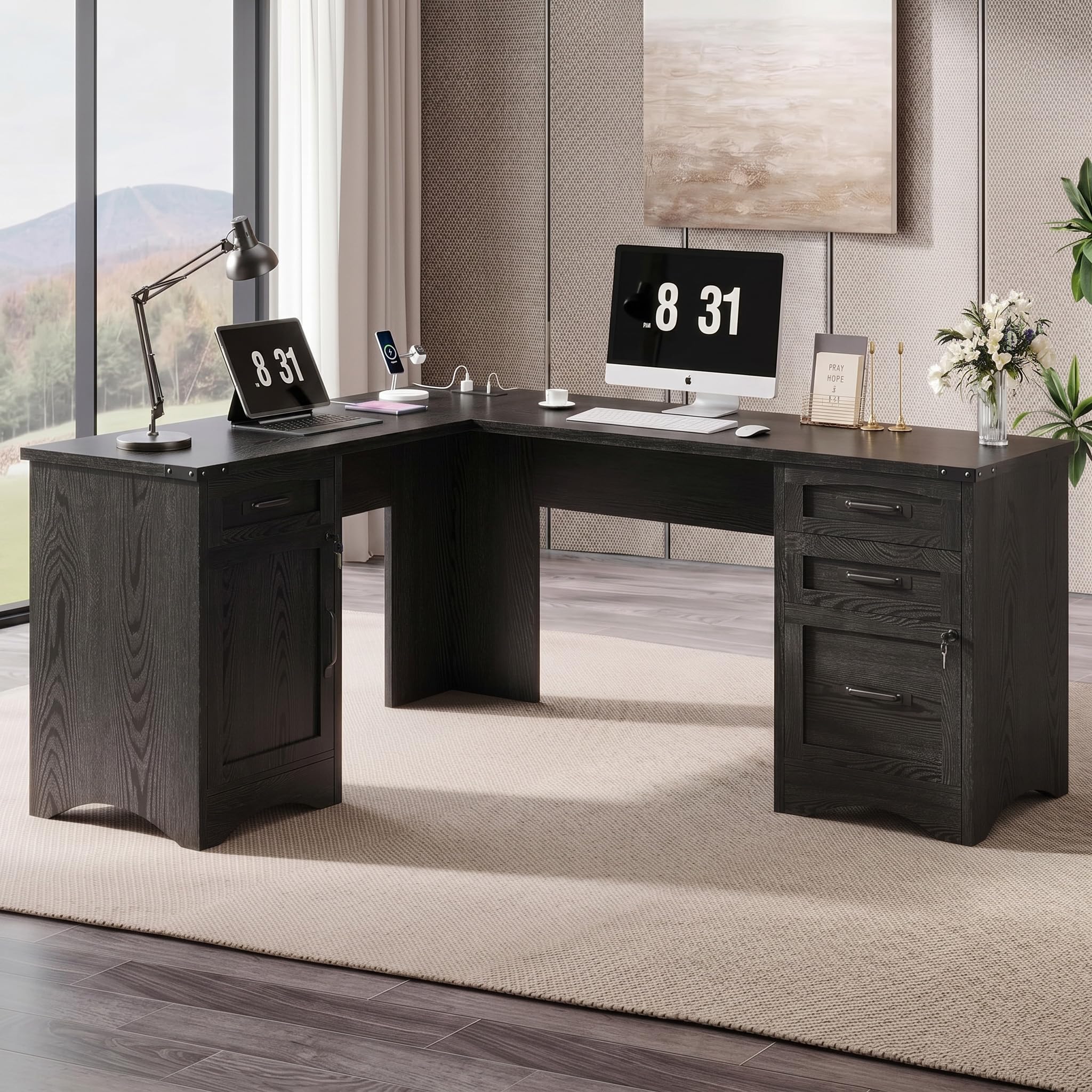 Decofy 67" Farmhouse L Shaped Standing Desk with Drawers Home Office Executive