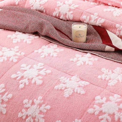 Miniatura 5 de JANZAA Juego de edredón de Navidad tamaño King, juego de edredón rosa de terciopelo con copo de nieve blanco, estereoscópico de 3 piezas, juego de