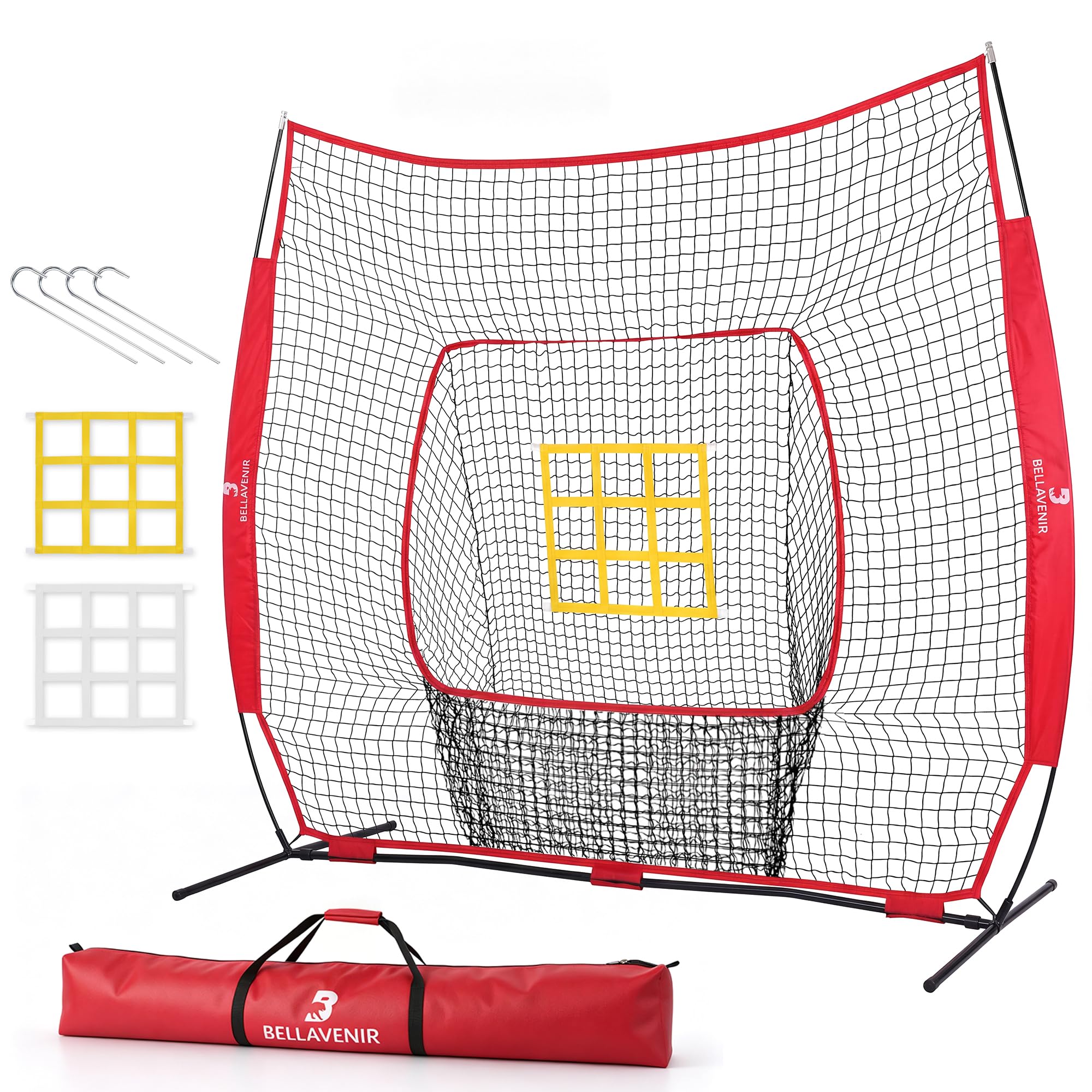 7x7 ft Baseball Softball Net with Bow Frame, Strike Zone &amp; Bag