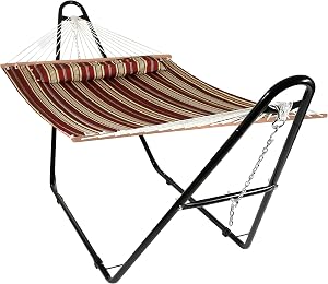 Sunnydaze Quilted Double Hammock with Stand for Outside - 440 lb Capacity Universal Black Steel Stand - UV Resistant, Quick Dry Fabric - Pillow, Chains, and Hardware Included - Red Stripes