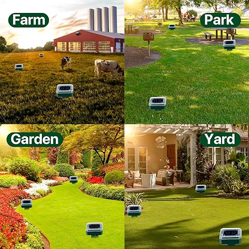 Miniatura 7 de Repelente solar de topos, repelente de serpientes, paquete de 4 picos de control ultrasónico para exteriores, dispositivo sónico impermeable,