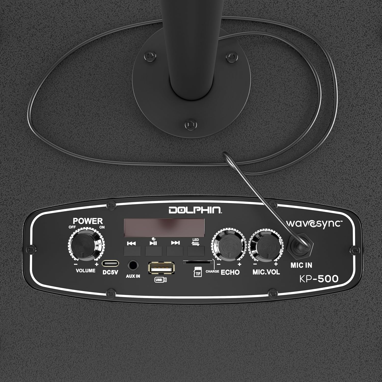 Dolphin KP-500 control panel with power switch, volume, DC5V, AUX IN, USB, TF, CHARGE, ECHO, MIC.VOL, MIC IN, and WaveSync controls