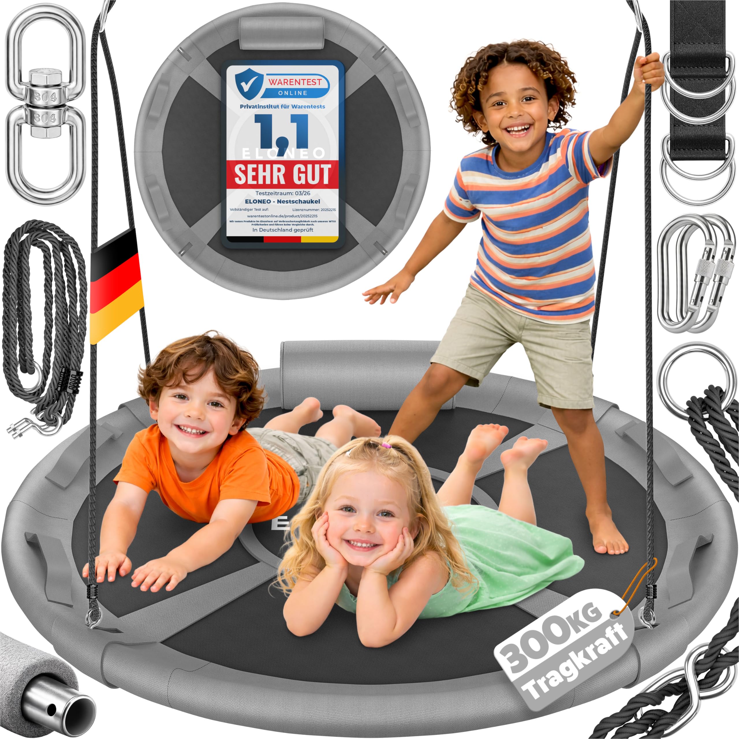 ELONEO Nestschaukel Outdoor & Indoor mit 120 cm Durchmesser | Tellerschaukel bis 300kg belastbar | höhenverstellbare Hängeschaukel inkl. Kissen, Griffen und Zubehör-Set | Premium Schaukel