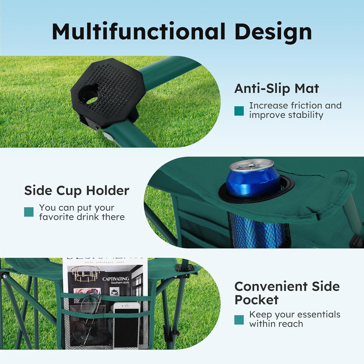 ALPHA CAMP Camping Chair 2 Pack Portable Chair with 3-Can Cooler Folding Chair with Side Pocket and Cup Holder, Collapsible for Camping, Tailgates, Beach, Fishing and Sports,2PC - Image 8