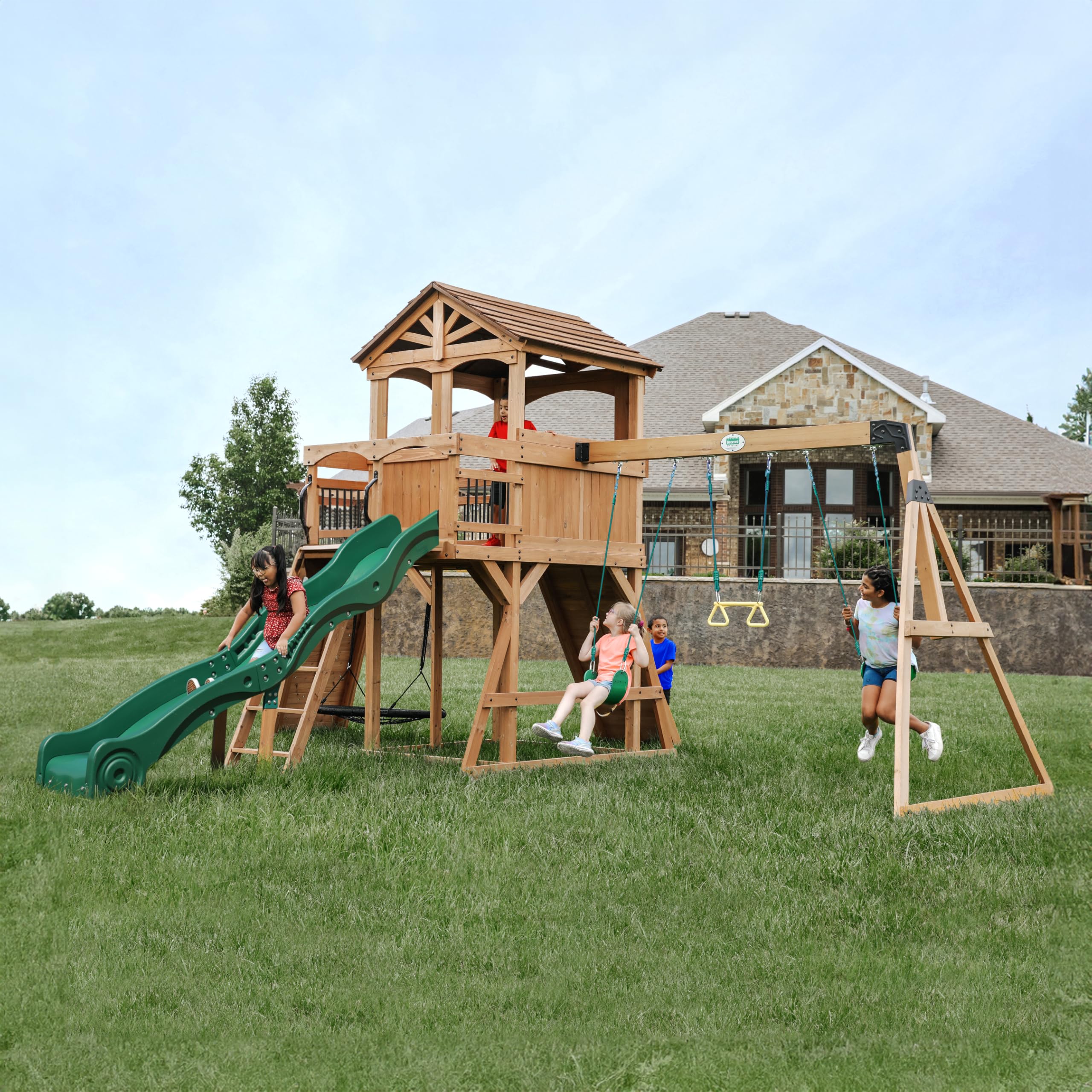 Backyard Discovery Sterling Point Ogrodowy plac zabaw, plac zabaw na swiezym powietrzu, drewniany plac zabaw | ogrod wspinaczkowy ze sciankami Rts, duza zjezdzalnia, hustawki | domek zewn?trzny XXL