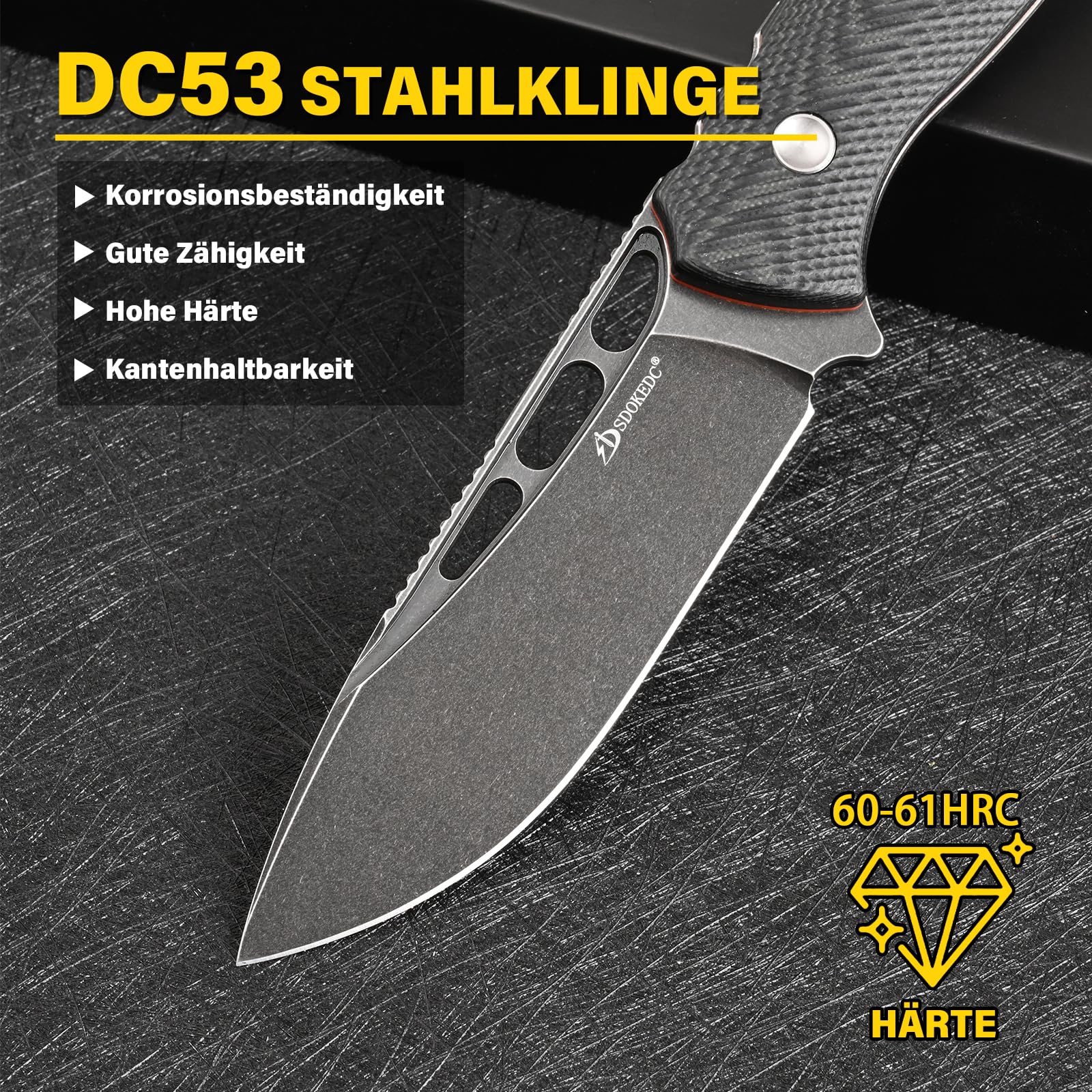DC53 Stahl messer Feststehende Klinge mit Kydex Scheide für Männer EDC Survival Outdoor Camping (Schwarz/schwarz)