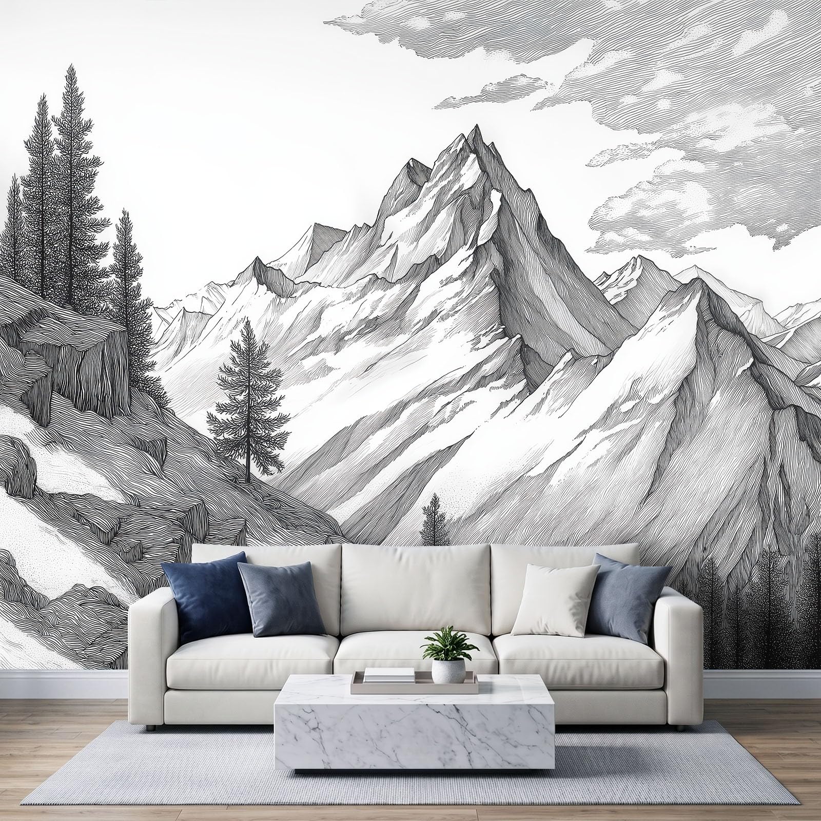 Papel pintado panorámico de 350 x 256 cm (largo x alto). Dibujo de tinta negra y blanca, papel pintado fotográfico no tejido, tapicería, póster de pared para sala de estar, dormitorio, decoración de