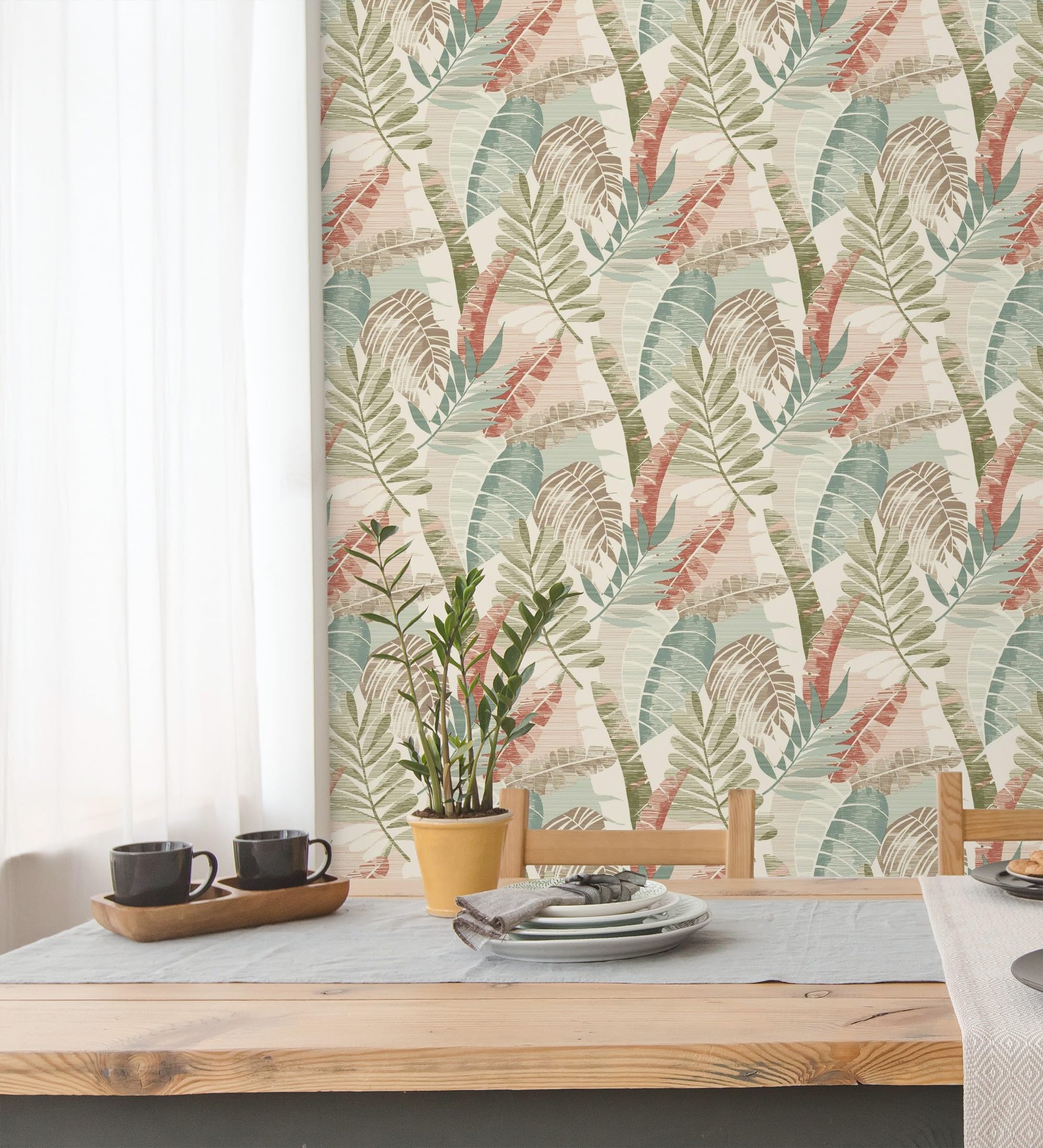GAULAN 682819 - Papel pintado de hojas tropicales tonos verdes terracota claro y marfil para pared salón dormitorio pasillo comedor - Rollo de 10 m x 0,53 m