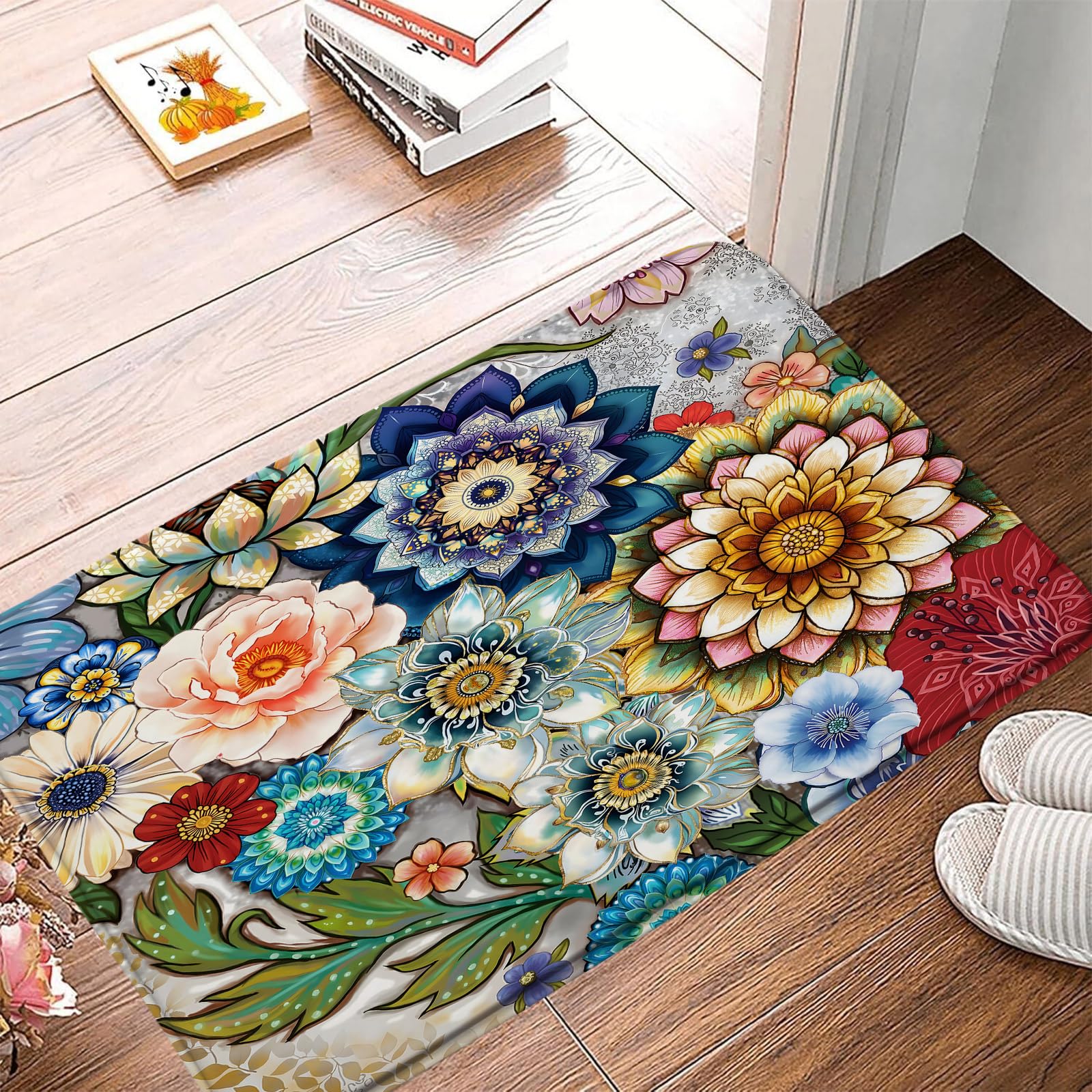 Colorful Boho Flower Bath Mat Vintage Rustic Watercolor Floral Leaf Rose Peony Retro Farmhouse Country Plant Bathroom Floor Decor Rug for Shower