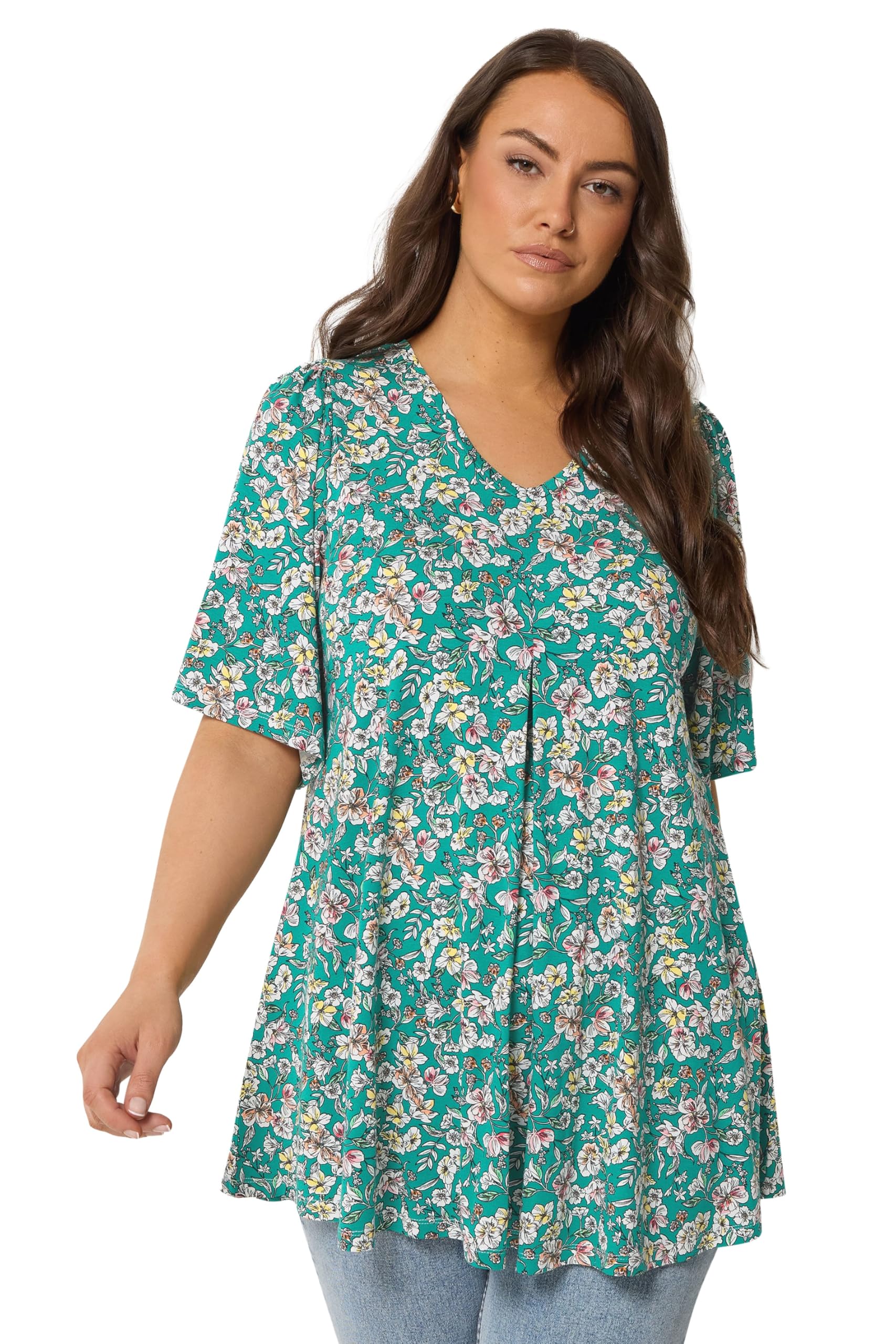 Yours Curve Green Floral Pleat Front Top - Women's - Plus Size Curve