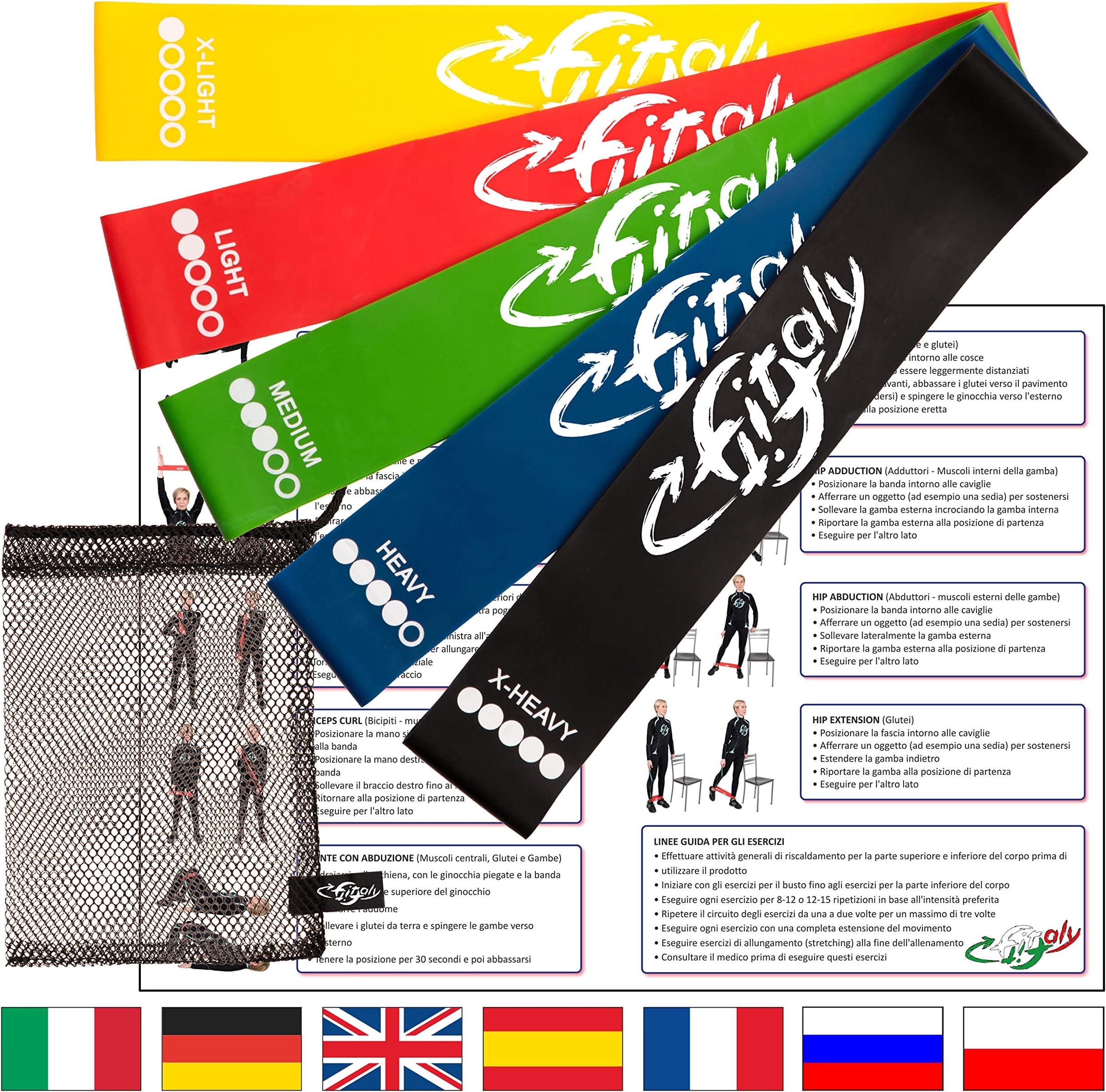 Set Of 5 Resistance Gym Loop Bands for Women and Men | 30cm Physio and Training Stretch Elastics Kit + Exercise Guide in PDF in 7 Languages for Fitness, Pilates, Yoga, Sport, Stretching | By FitFitaly