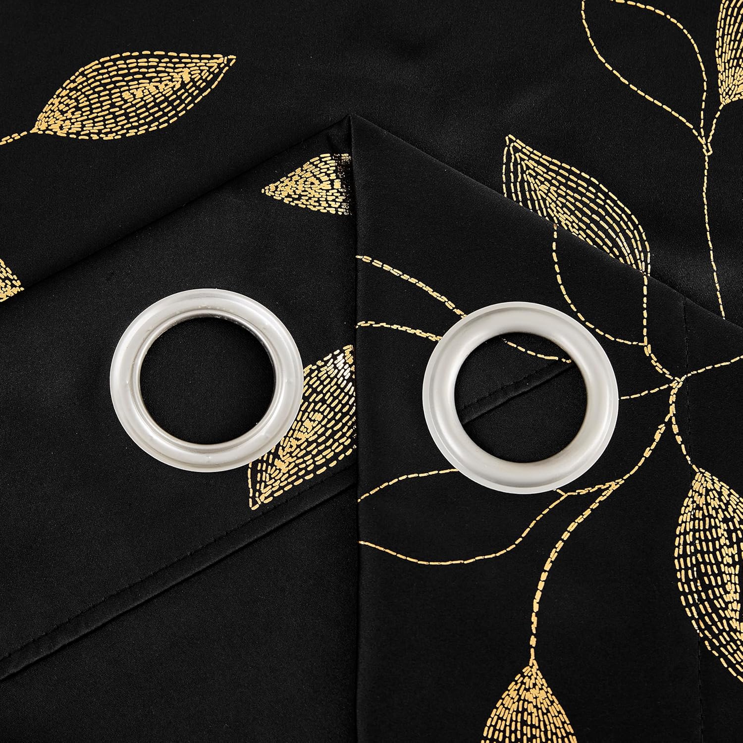 Bujasso Gold Black Full Blackout Curtains Print Golden Leaf Patterned Room Darkening Drapes 90 inch for Living Room Bedroom Thermal Insulated Metallic Window Treatment Grommet Top W52 xL90 2 Panels